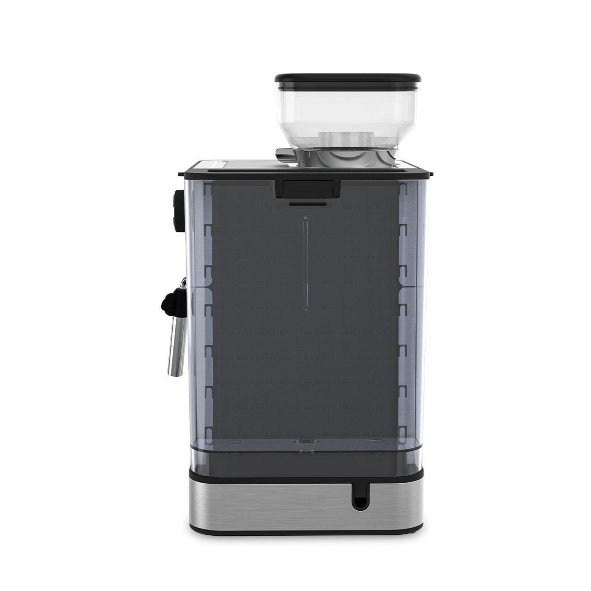 Ekspres do kawy na białym tle. Ma przezroczysty zbiornik na wodę, pojemnik na ziarna kawy i podstawę ze stali nierdzewnej.