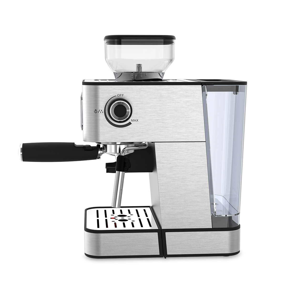 Srebrny ekspres do kawy z czarnym uchwytem, zbiornikiem na wodę i młynkiem do ziaren na białym tle.