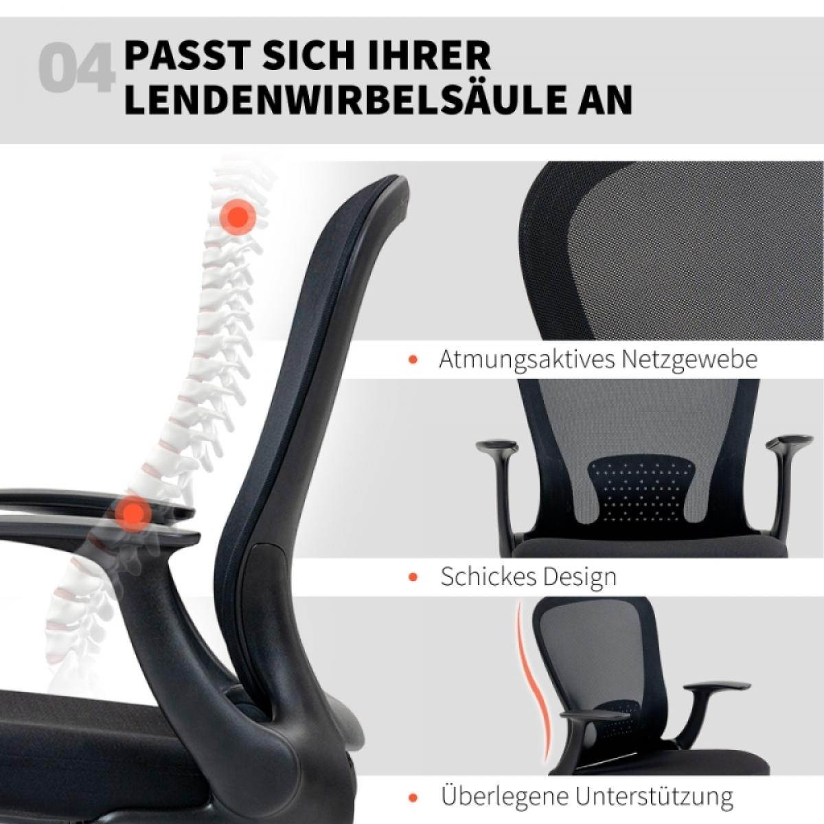 Ein Bürostuhl, der sein ergonomisches Design hervorhebt. Merkmale sind atmungsaktives Netz, stilvolles Design und überlegene Lendenwirbelstütze.