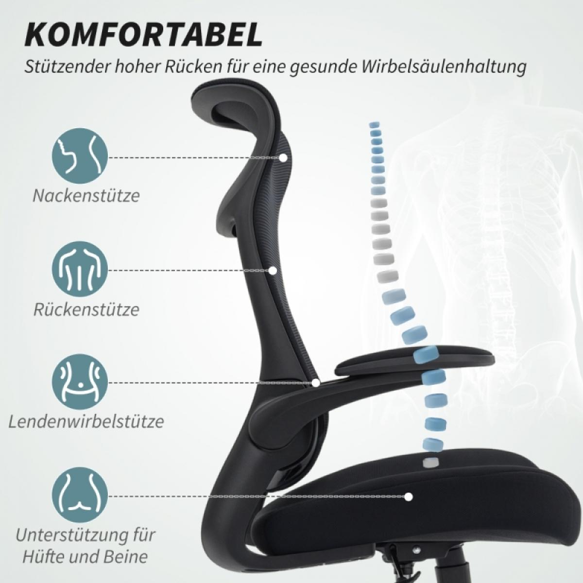 Ein schwarzer ergonomischer Bürostuhl. Er hebt die Unterstützung für Nacken, Rücken, Lendenwirbelsäule, Hüfte und Beine hervor, mit Wirbelsäulendiagramm.