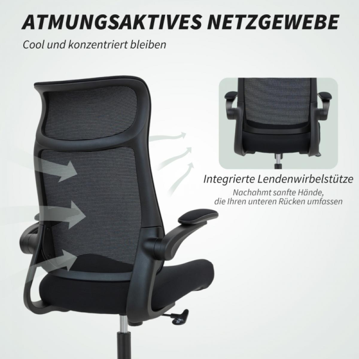 Schwarzer Bürostuhl mit Netzrücken und Lordosenstütze. Text auf Deutsch beschreibt atmungsaktives Gewebe und Rückenunterstützung.