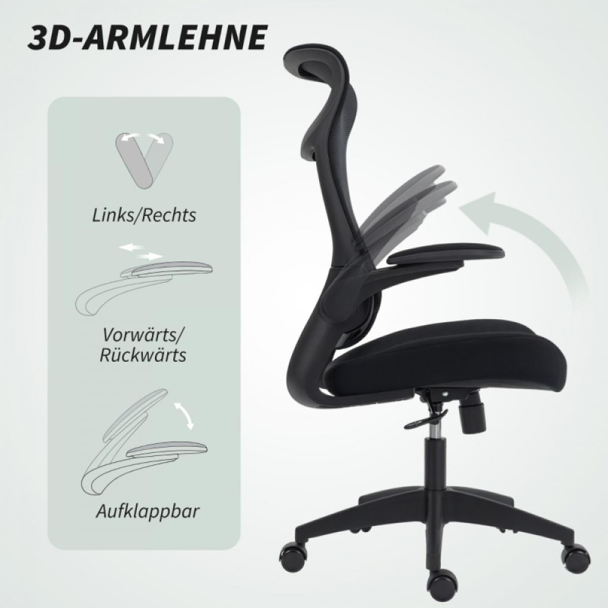 Ein schwarzer Bürostuhl mit verstellbaren Armlehnen. Das Bild zeigt die Funktionen und Einstellmöglichkeiten, einschließlich 3D-Armlehnen.