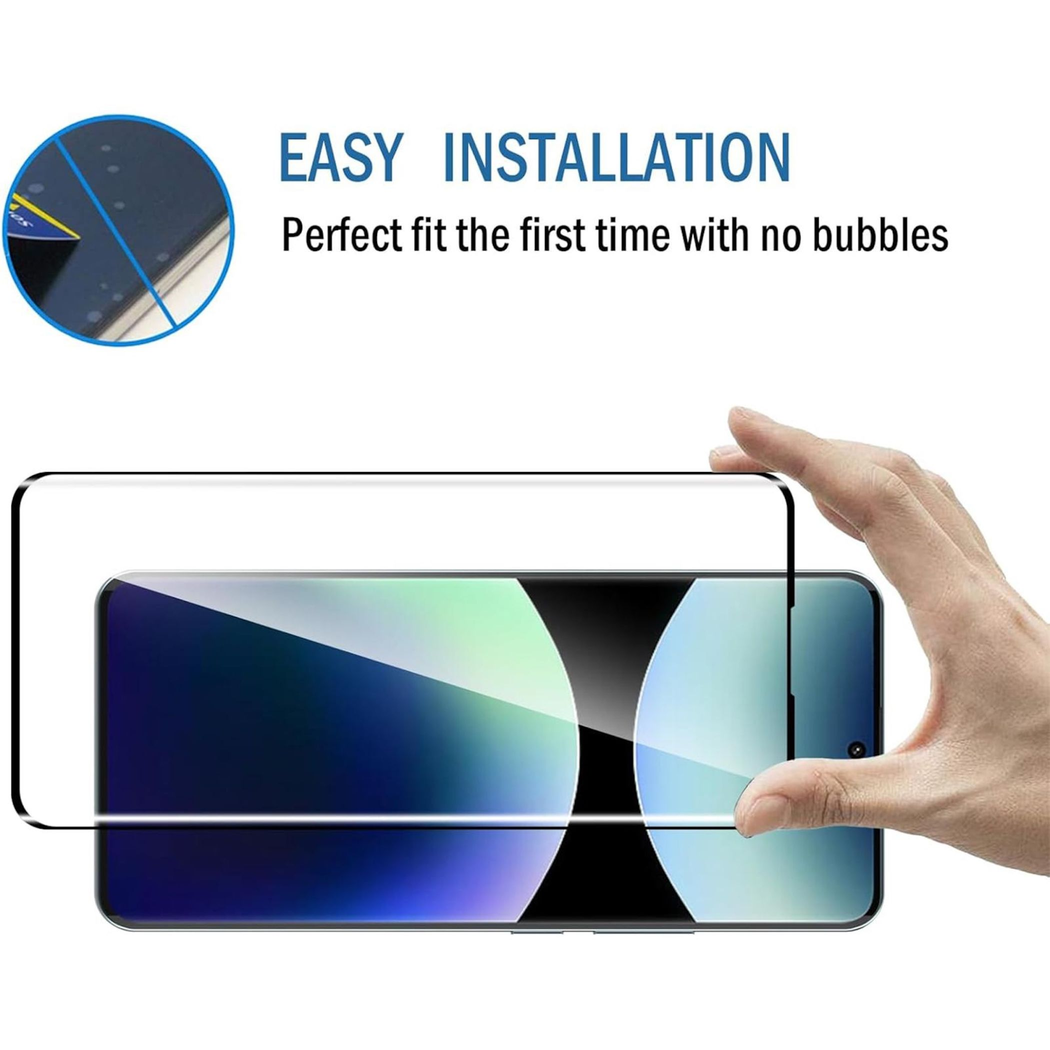 Eine Hand hält eine Displayschutzfolie über einem Telefon. Text: Einfache Installation, perfekter Sitz.