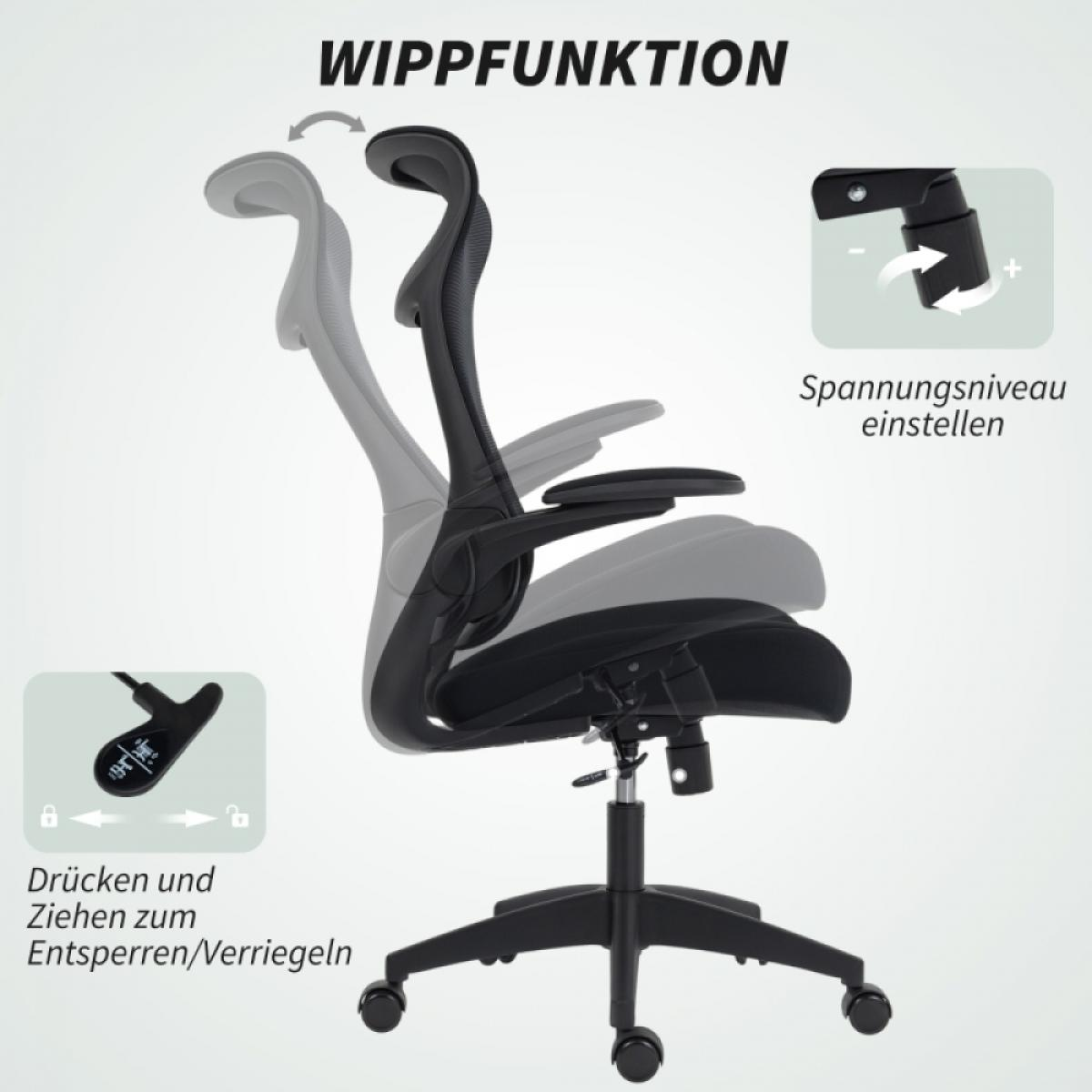 Ein schwarzer Bürostuhl mit Einstellfunktionen, einschließlich Rückenlehnenneigung, Spannungseinstellung und Verriegelungs-/Entriegelungsfunktionen.