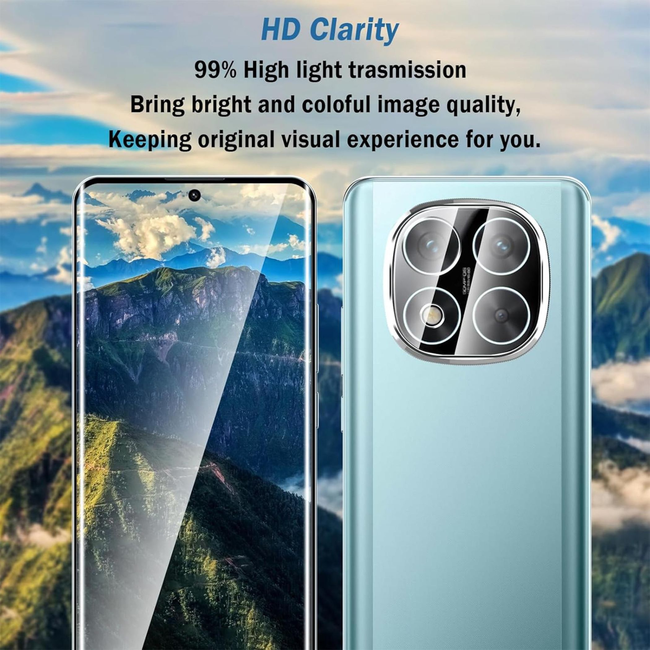 Ein Telefon, das eine Bergansicht zeigt. Die Rückseite hat eine Kamera mit 4 Linsen. Der Text lautet HD-Klarheit und helles Bild.