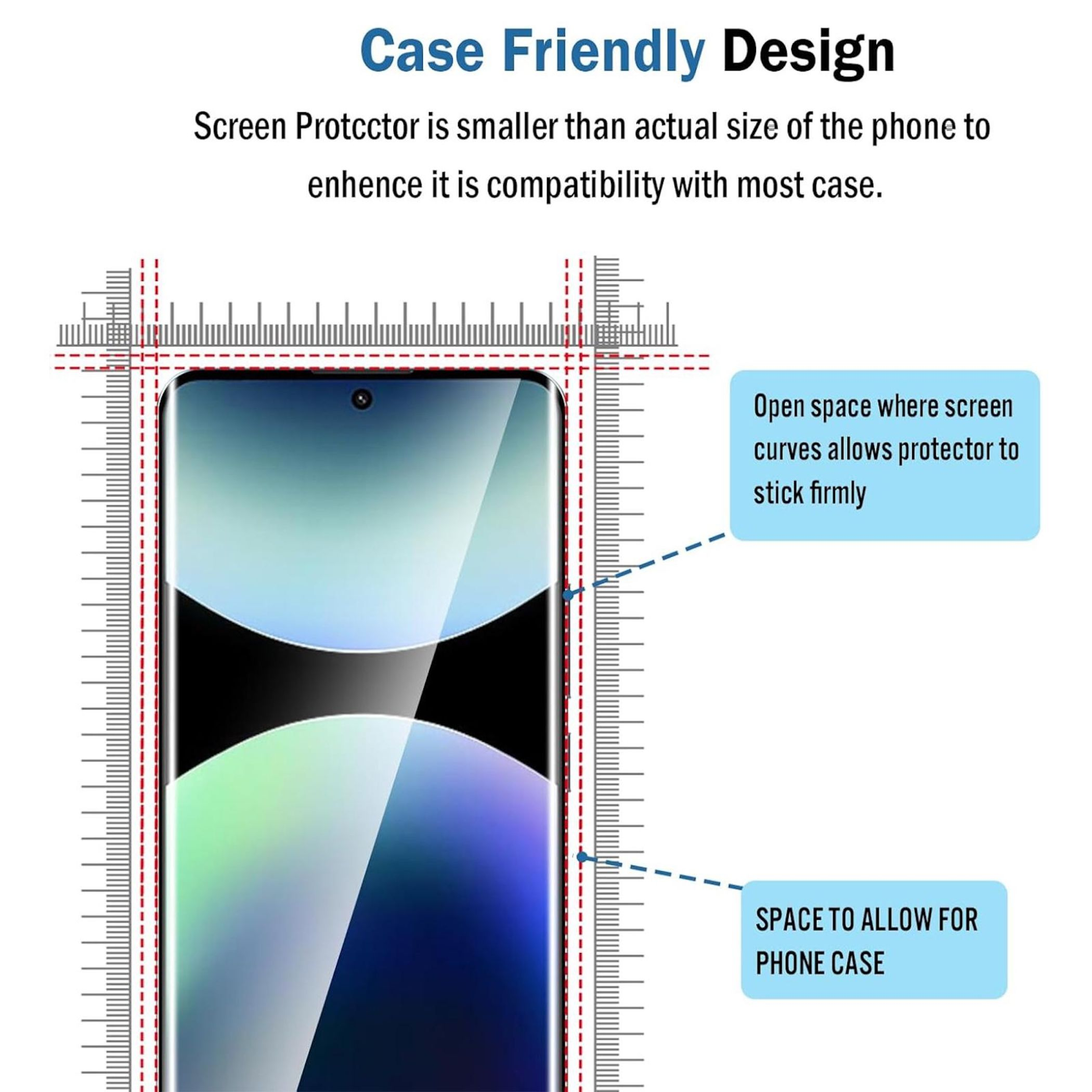 Diagramm zeigt ein Telefon mit Displayschutzfolie, erklärt das gehäusefreundliche Design und Platzangebot.