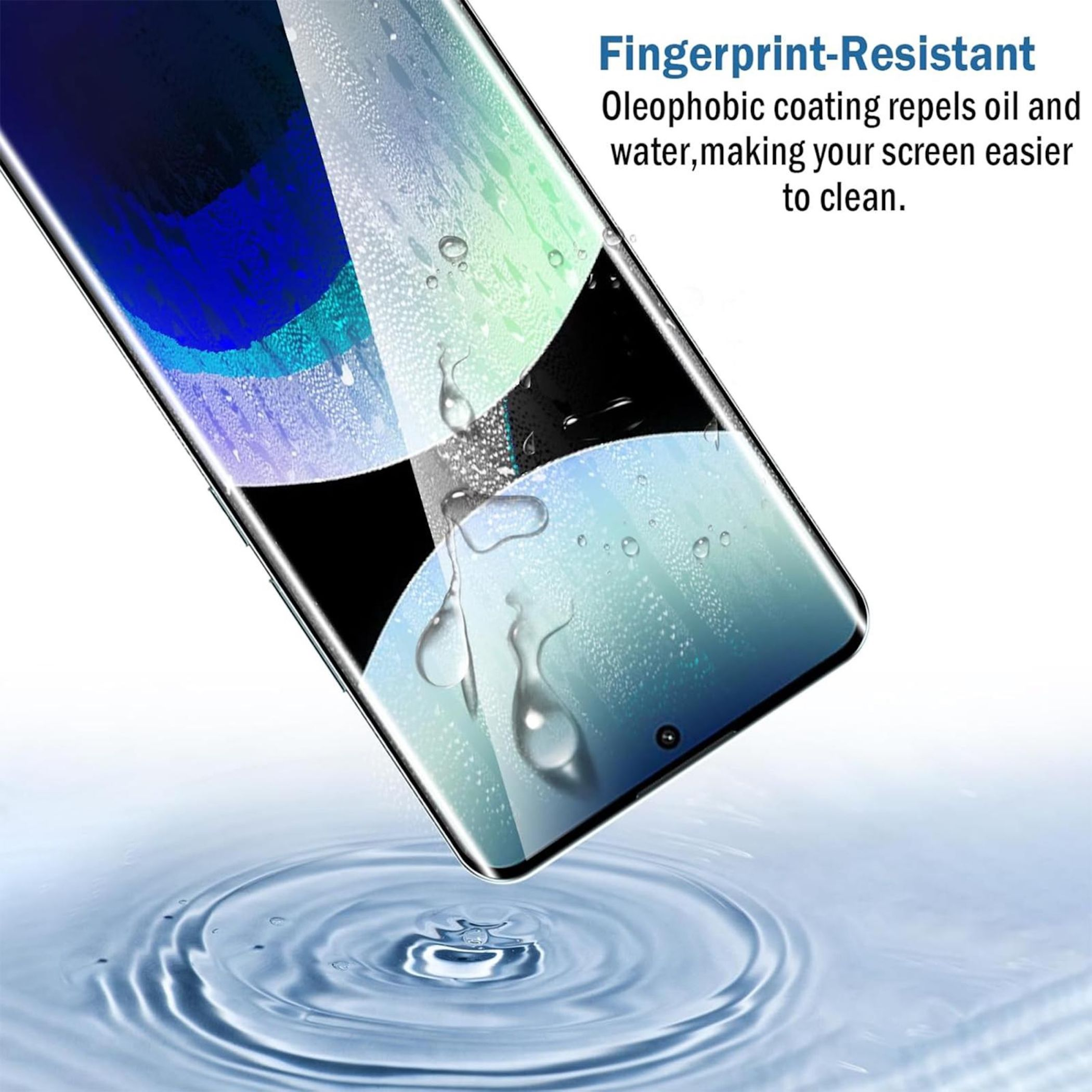 Ein Bildschirmschutz mit Wassertropfen. Der Text besagt, dass er fingerabdruckresistent und oleophob ist.