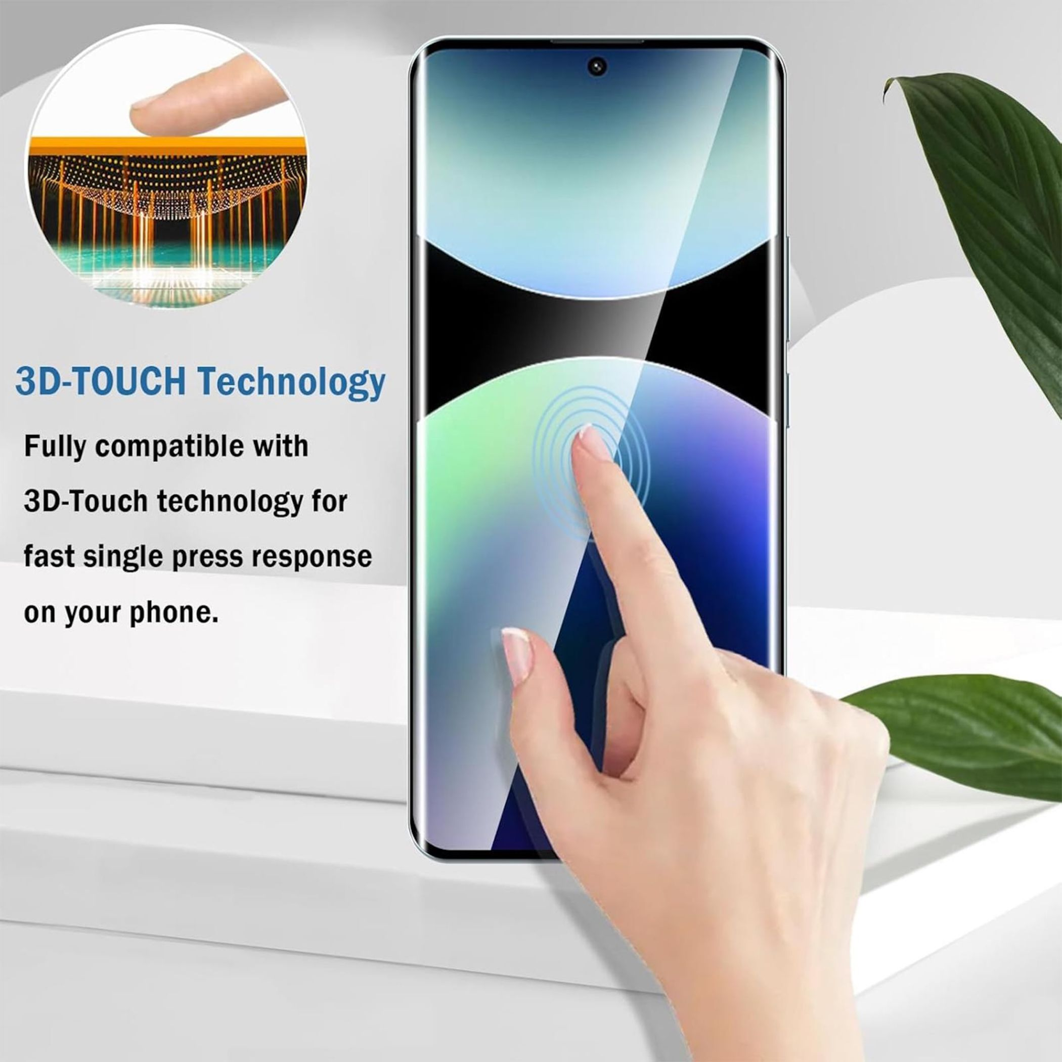 Hand berührt Telefonbildschirm mit 3D-TOUCH-Technologie-Grafik. Grünes Blatt rechts.