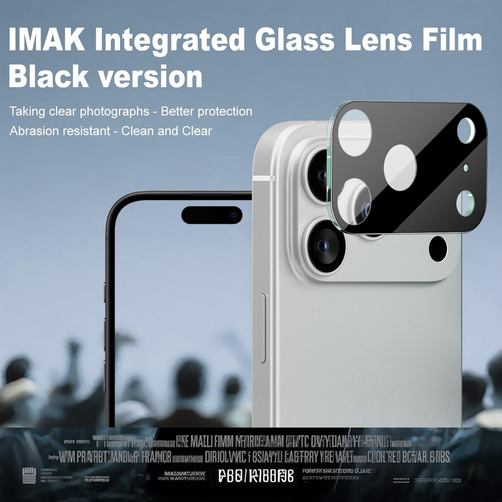 Das Bild zeigt ein Telefon mit einem schwarzen Kameraschutz. Der Text lautet: IMAK Integrierte Glaslinsenfolie Black Version.