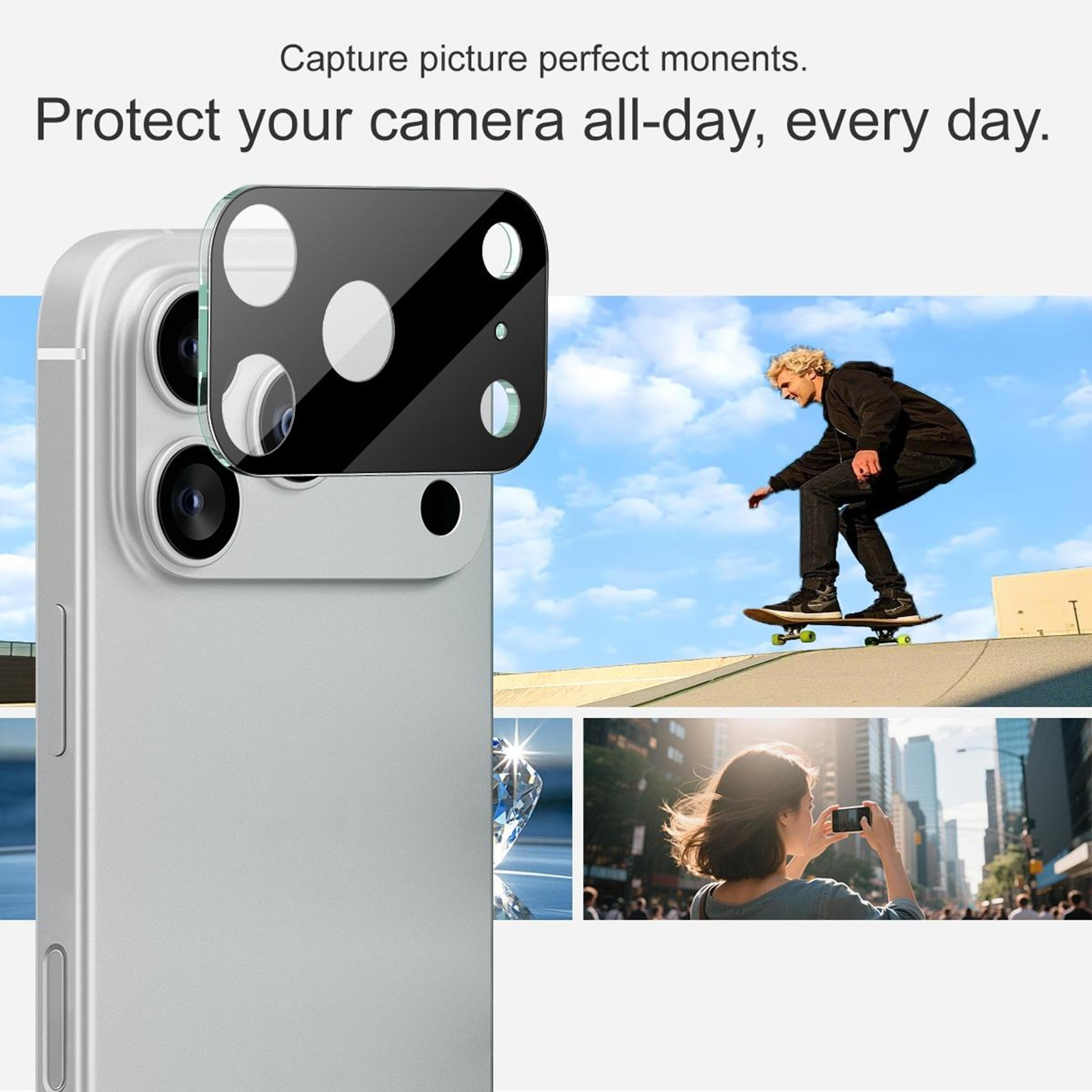 Das Bild zeigt ein Telefon mit Linsenschutz, einen Skateboarder und eine Frau, die ein Foto macht. Der Himmel ist blau.