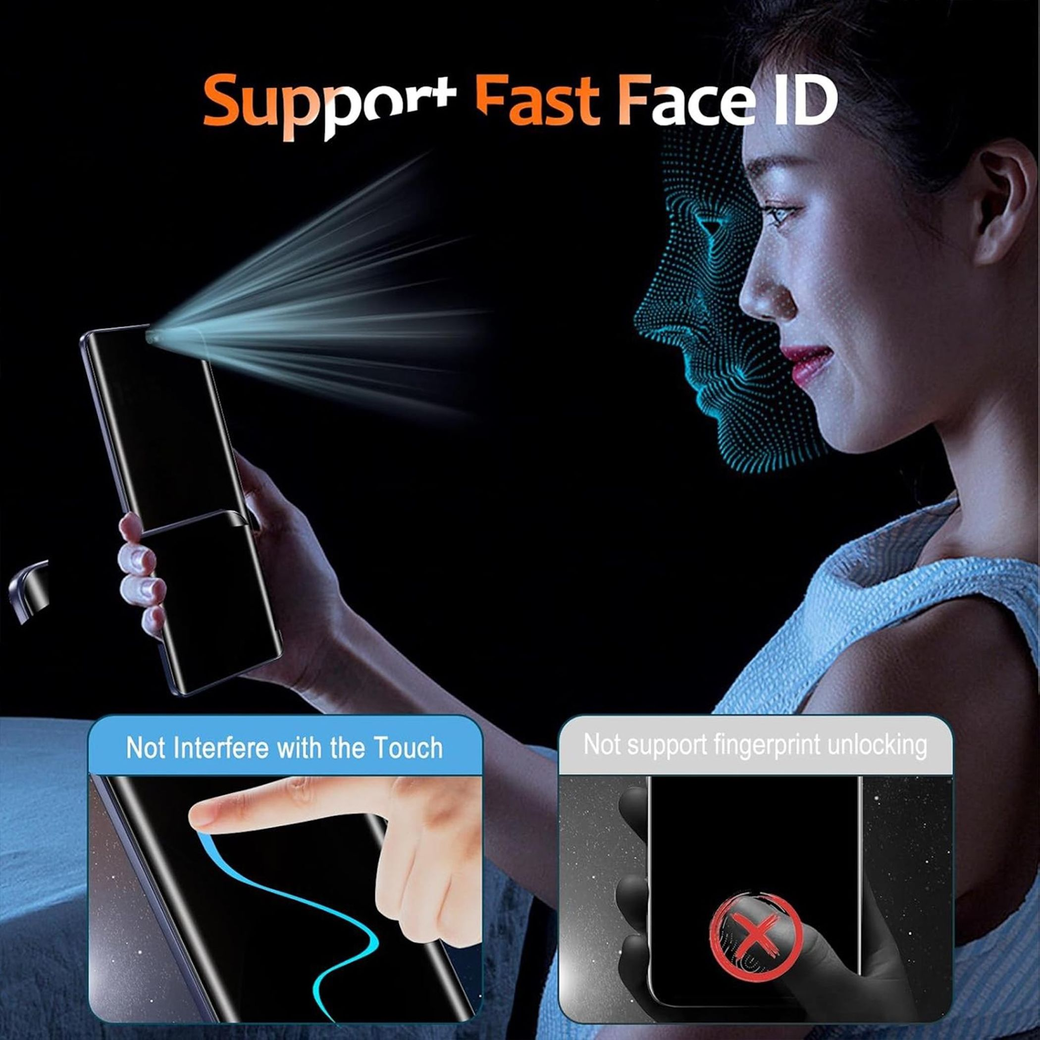 Frau, die ein Telefon mit Face-ID-Funktion hält. Texte heben die Touch-Kompatibilität und das Fehlen von Fingerabdruck hervor.