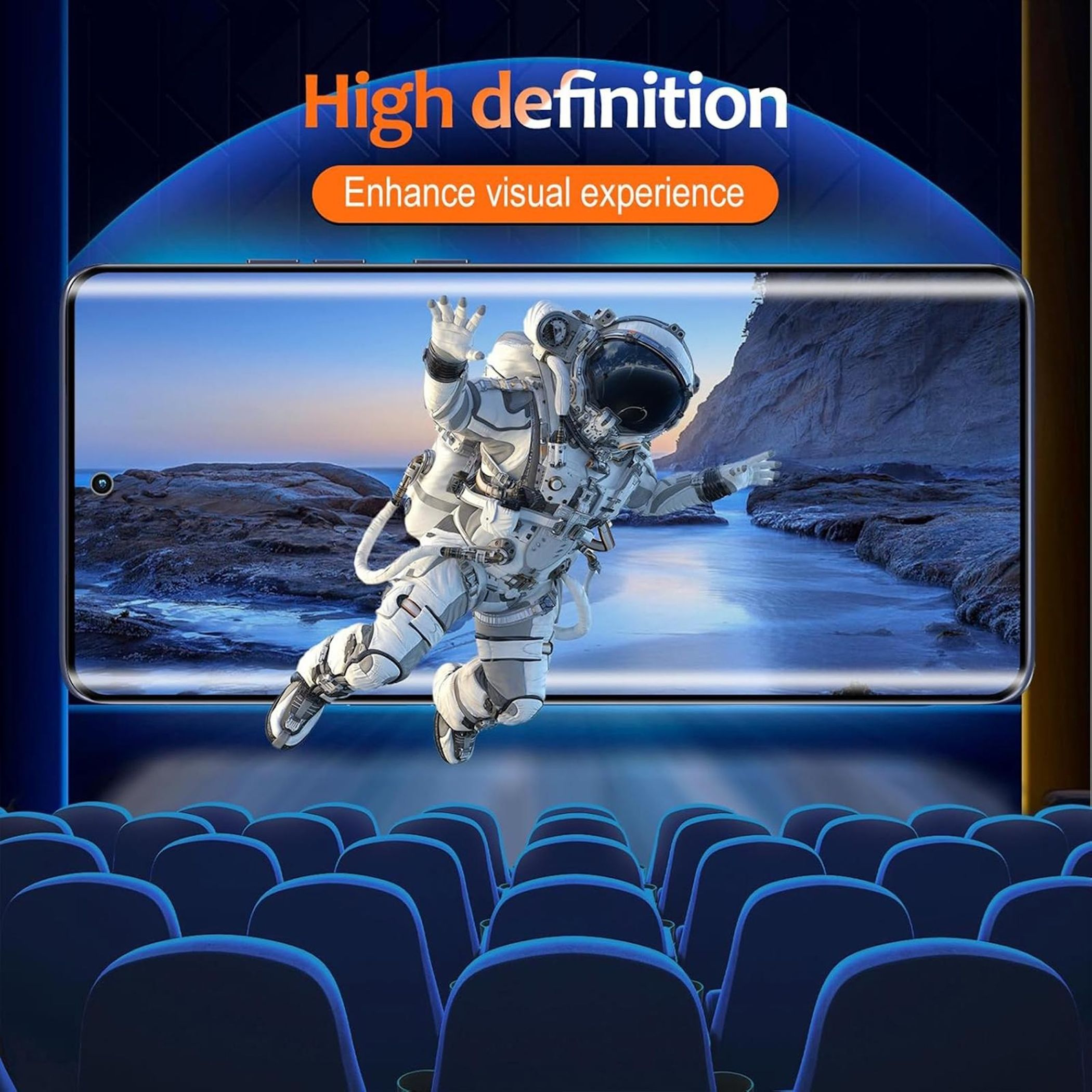 Ein Astronaut in einem Raumanzug schwebt über einer Landschaft, die auf einem Telefonbildschirm angezeigt wird, mit Theatersitzen im Vordergrund.