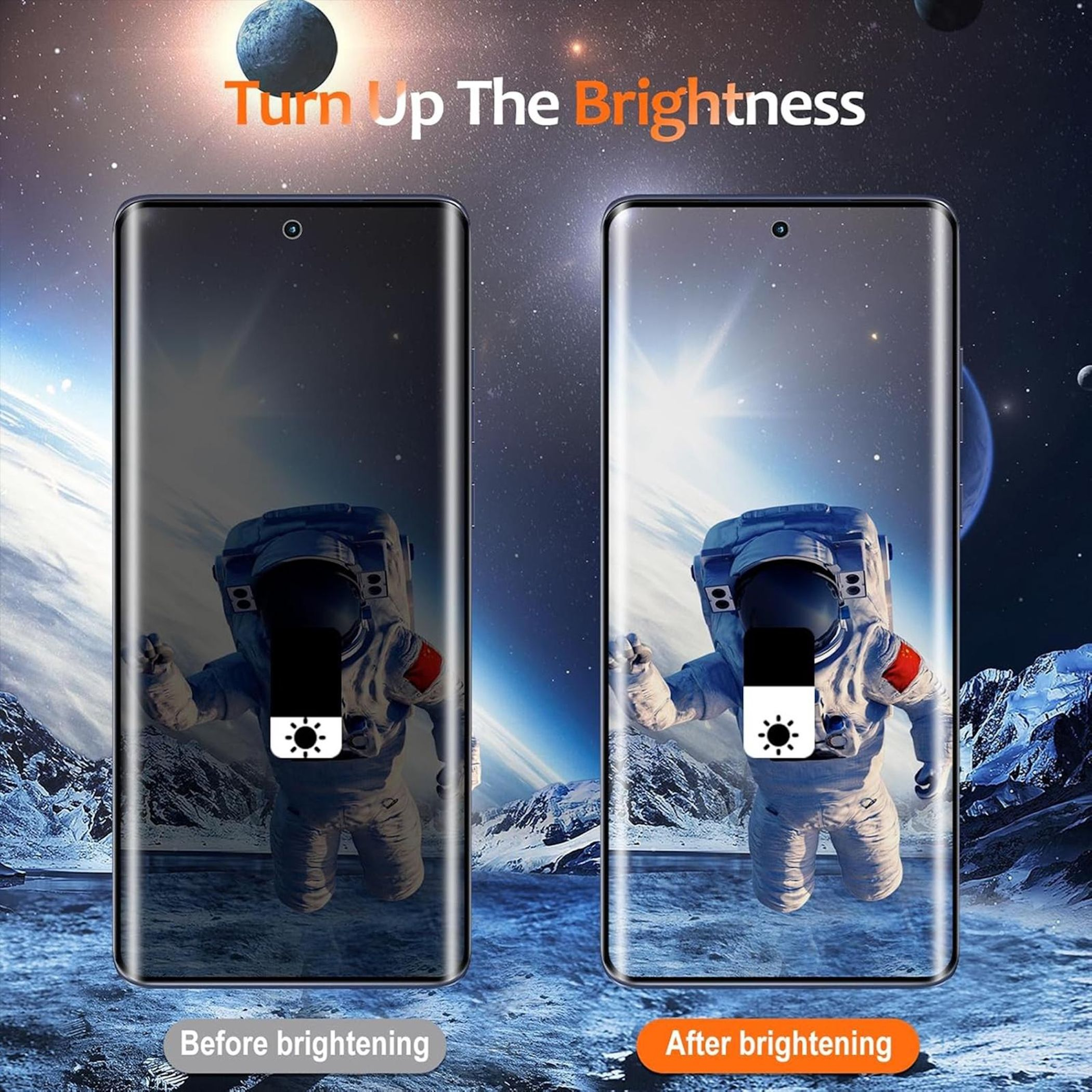 Das Bild zeigt einen Vergleich der Telefonbildschirme vor und nach der Aufhellung. Auf jedem Bildschirm erscheint ein Astronaut.