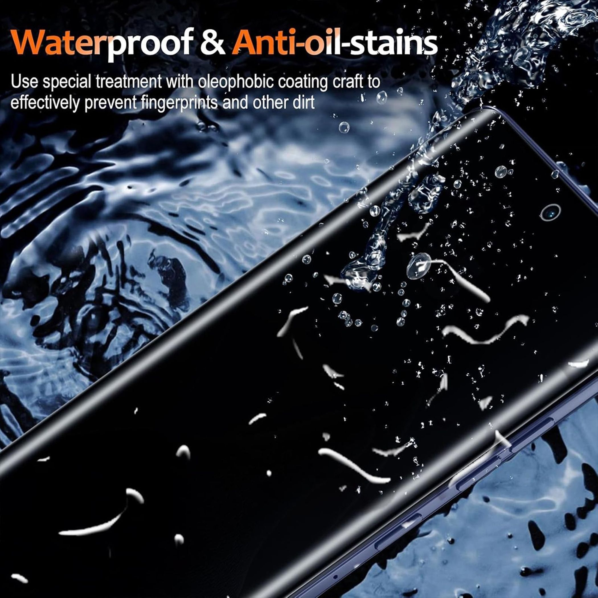 Ein Telefonbildschirm mit Wassertropfen auf blauem Hintergrund. Text: wasserdicht & Anti-Öl-Flecken.
