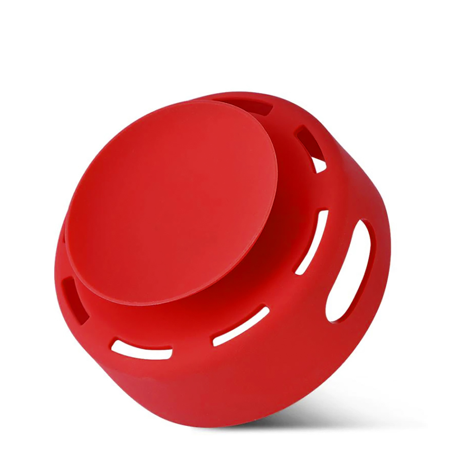 Ein rotes, schalenförmiges Objekt mit flachem Deckel und Aussparungen. Es befindet sich vor weißem Hintergrund.