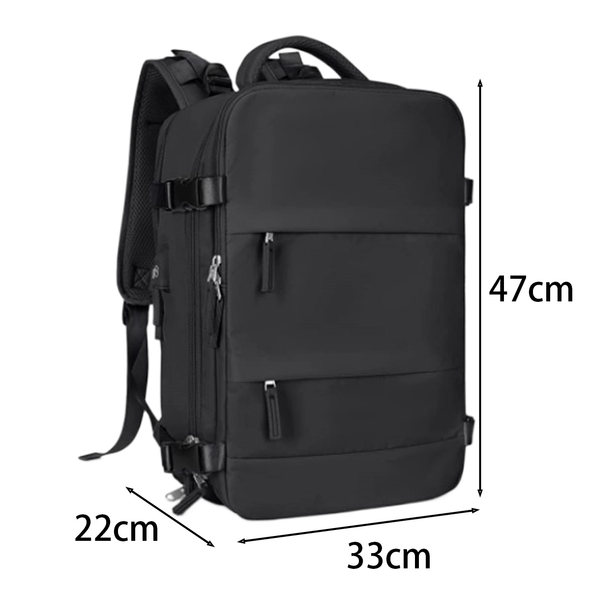 Schwarzer Rucksack mit 22cm Breite, 33cm Länge und 47cm Höhe, hat mehrere Fächer und Gurte. Die Abmessungen sind angegeben.