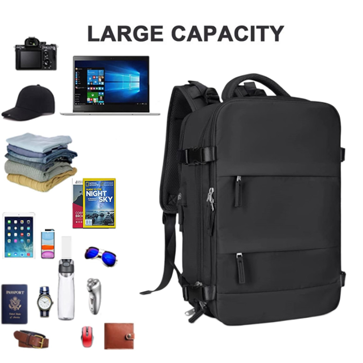 Schwarzer Rucksack mit Reiseutensilien: Laptop, Kamera, Kleidung, Reisepass, Uhr und mehr. Große Kapazität.