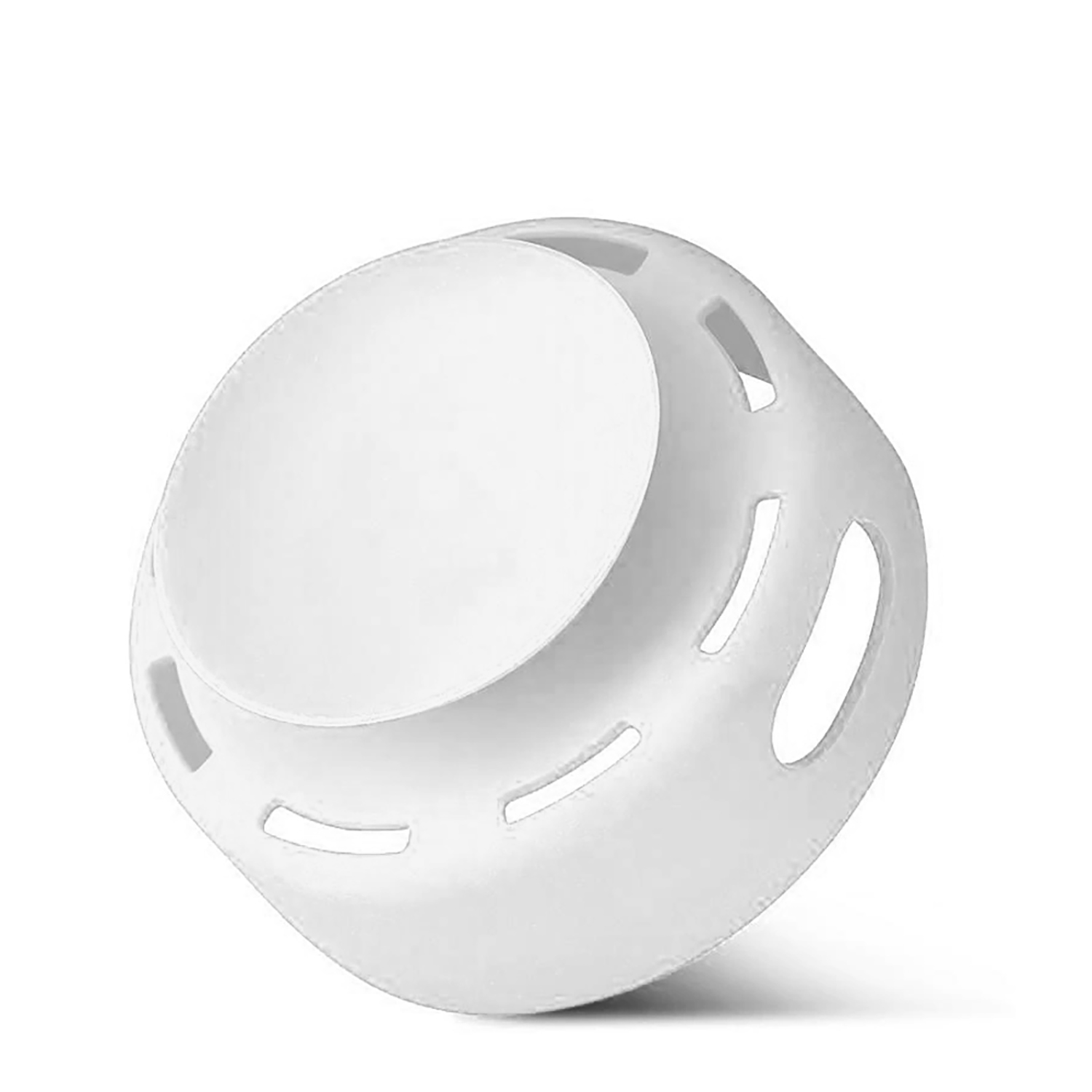 Un oggetto bianco e arrotondato a forma di ciotola con diversi ritagli oblunghi. Sembra essere di plastica.