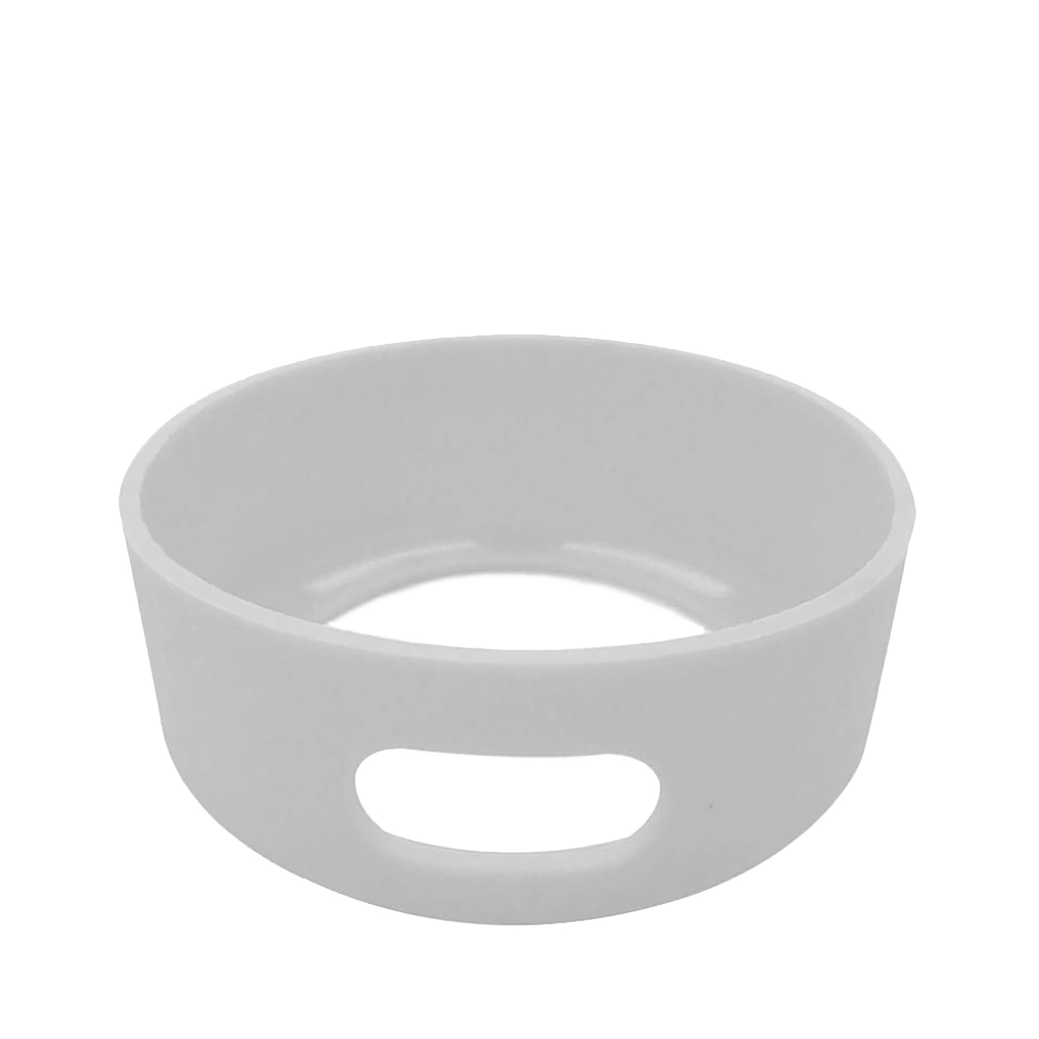 Un contenitore bianco e arrotondato con un foro laterale. L'oggetto è su sfondo bianco. Sembra essere di plastica.