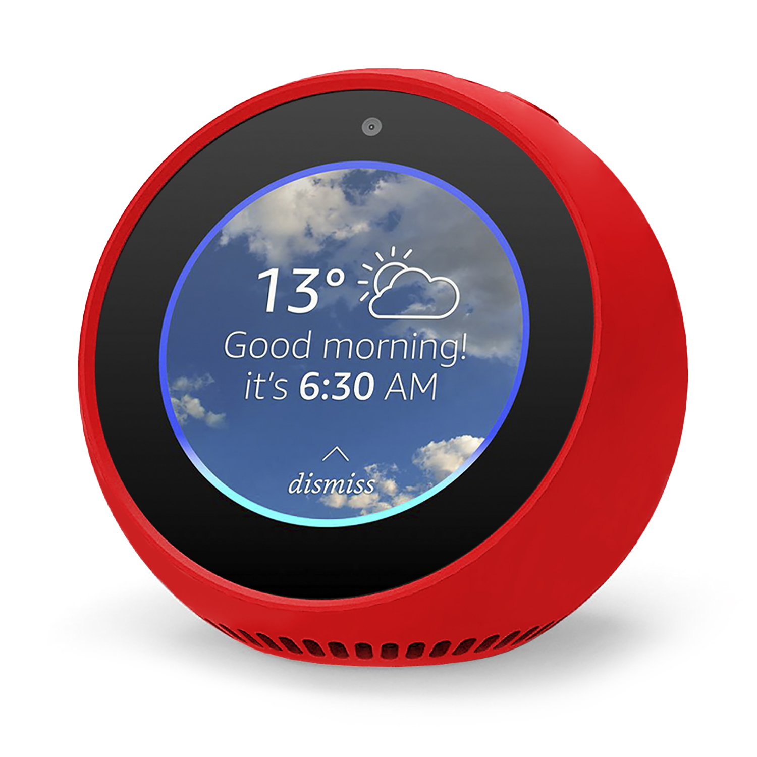 Dispositivo intelligente circolare rosso con schermo che mostra meteo e ora. Dice: Buongiorno! 6:30, 13 gradi.