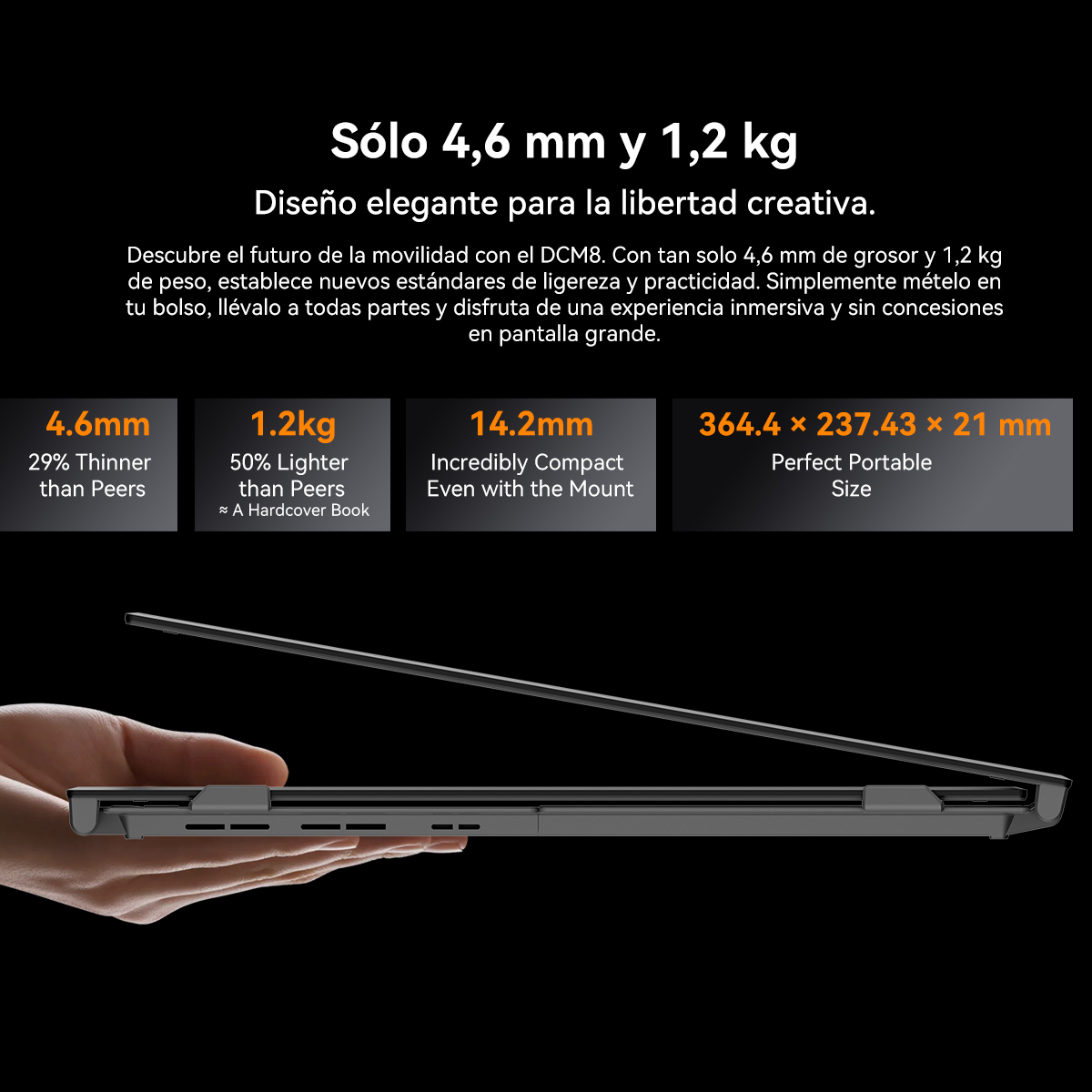 Una mano sostiene un portátil negro y delgado. Texto arriba resalta dimensiones: 4,6 mm, 1,2 kg, 14,2 mm y detalles de tamaño. Fondo negro.