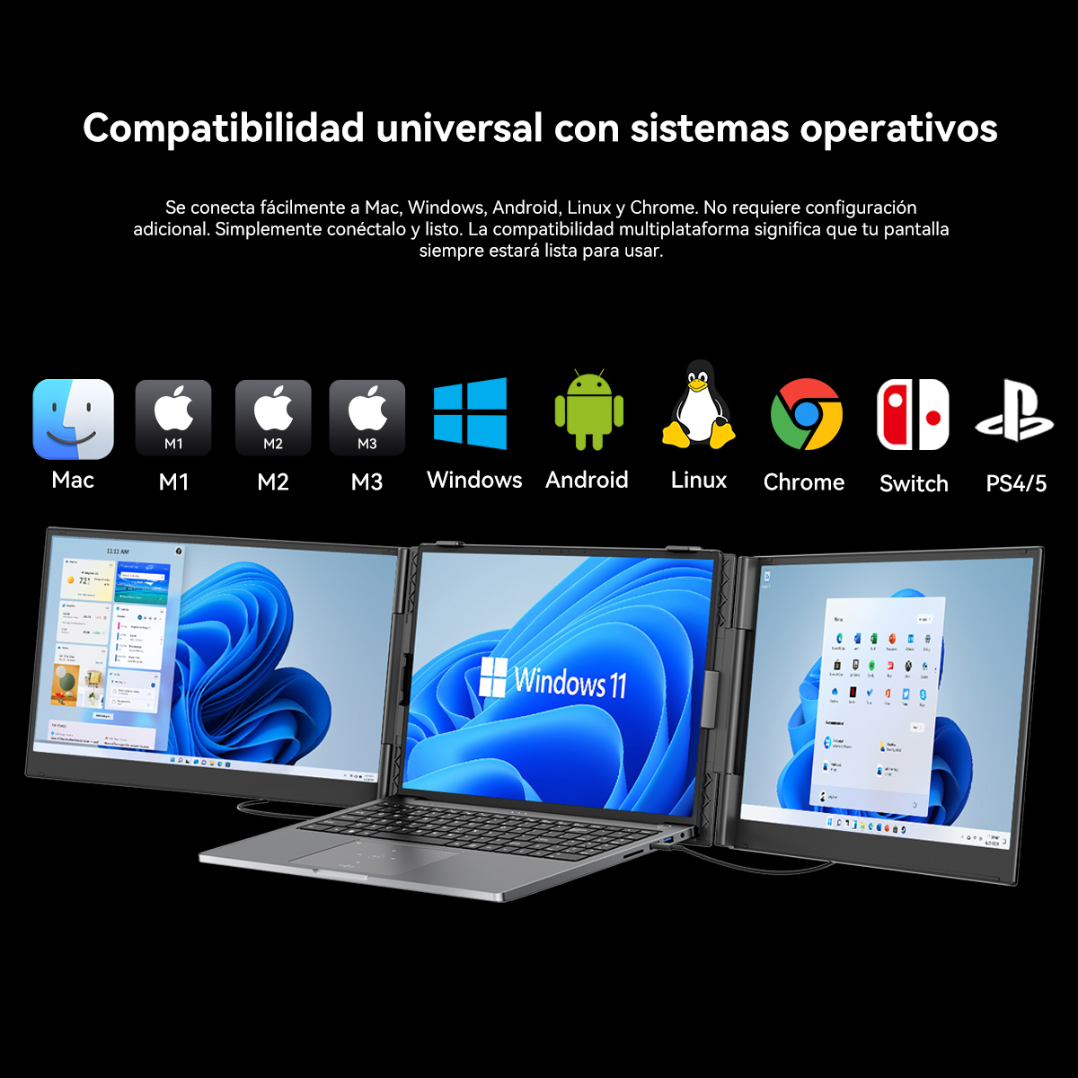 Una laptop con tres pantallas conectadas, mostrando Windows 11. Iconos de Mac, Windows, Android, Linux y Chrome arriba.