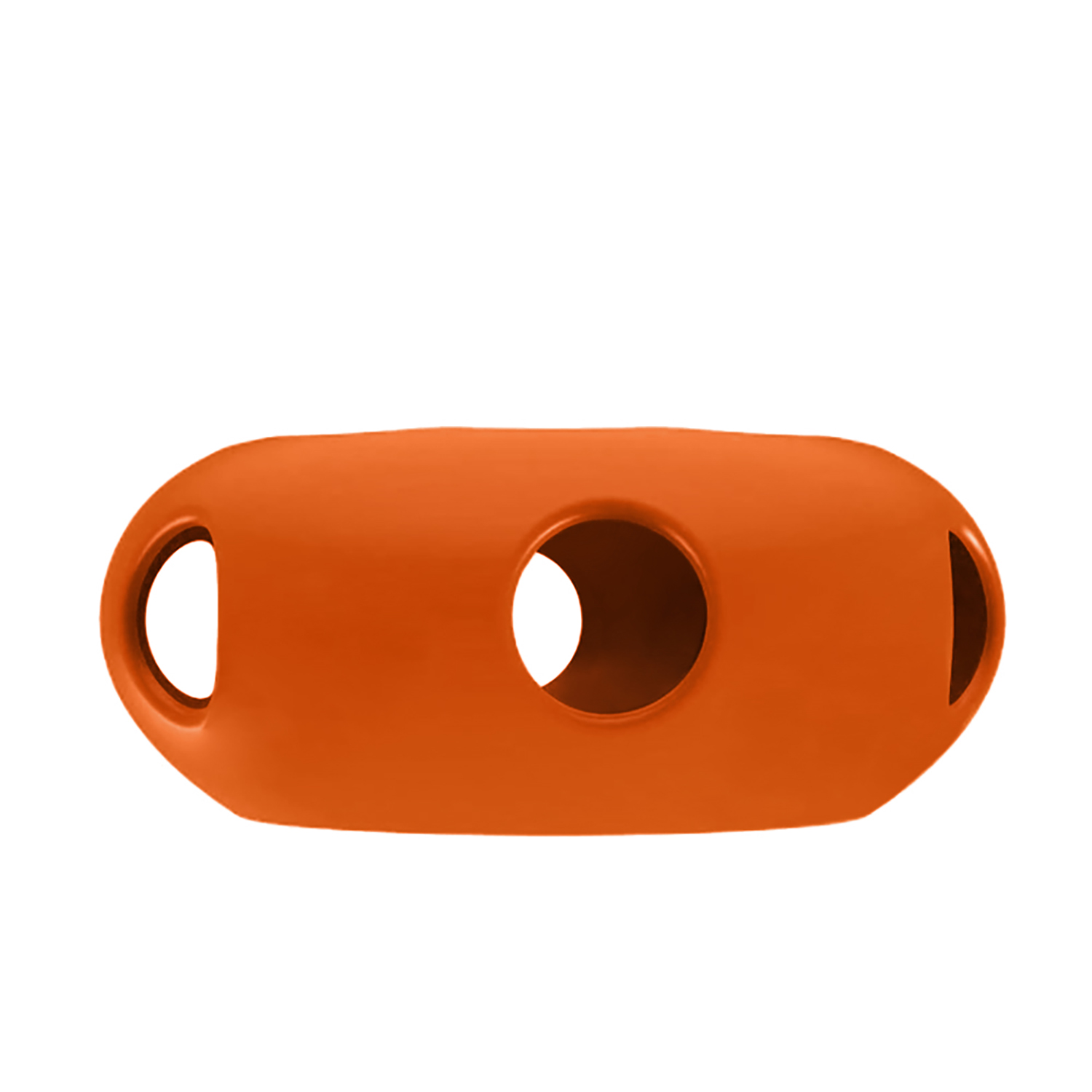 Ein orangefarbenes, längliches Objekt mit drei Löchern. Zwei kleine Löcher an den Seiten und ein großes Loch in der Mitte. Der Hintergrund ist weiß.