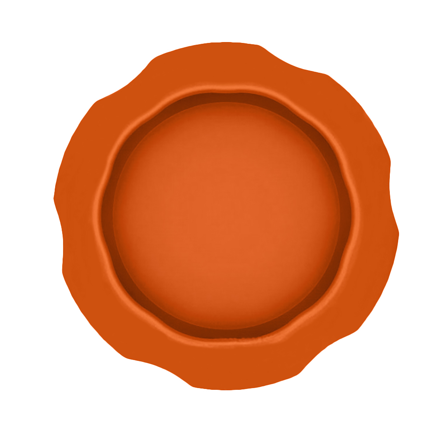 Ein orangefarbenes, kreisförmiges Objekt mit gewelltem Rand. Es hat eine vertiefte, kreisförmige Mitte.