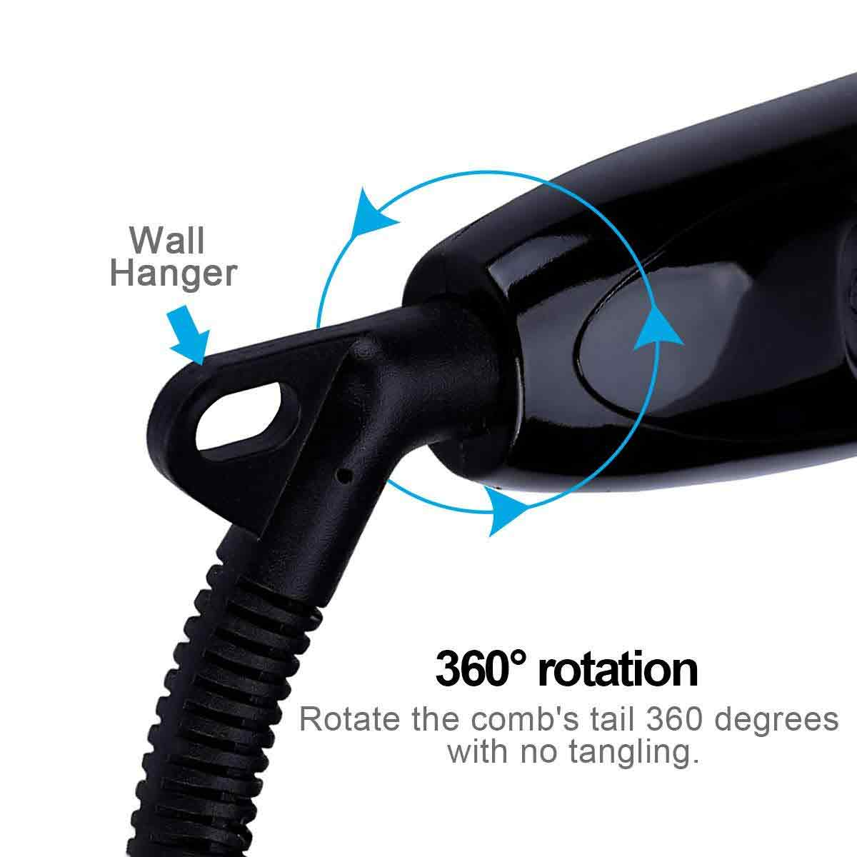 Nahaufnahme eines schwarzen Haarstyling-Tools mit Wandhalterung und 360-Grad-Drehfunktion. Text weist auf knitterfreie Verwendung hin.