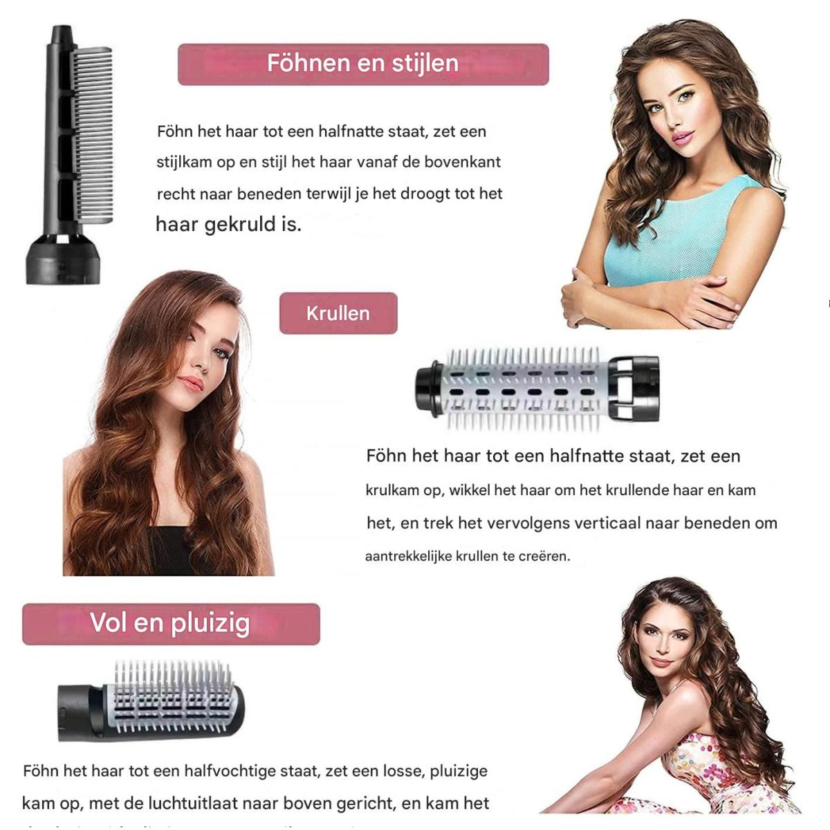 Das Bild zeigt Haarpflegetechniken. Enthält Text, Bilder von Haarstyling-Tools und Frauen mit gestyltem Haar.