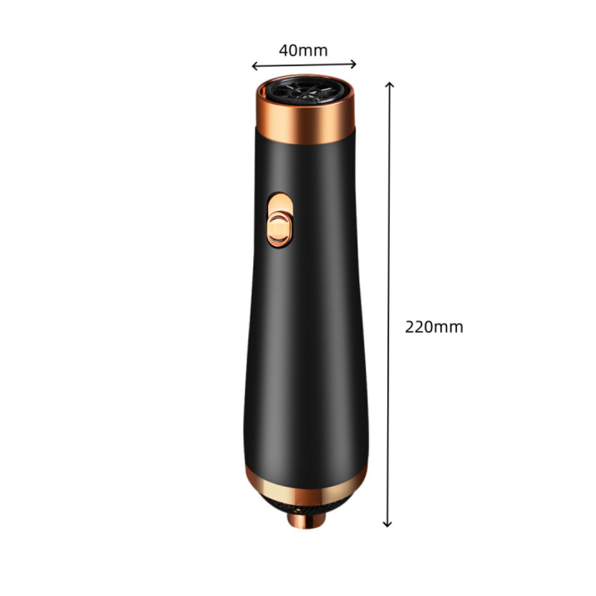 Ein schwarz-goldenes Haarstyling-Tool. Es ist zylindrisch, 220 mm lang und 40 mm breit. Es hat einen Power-Knopf.