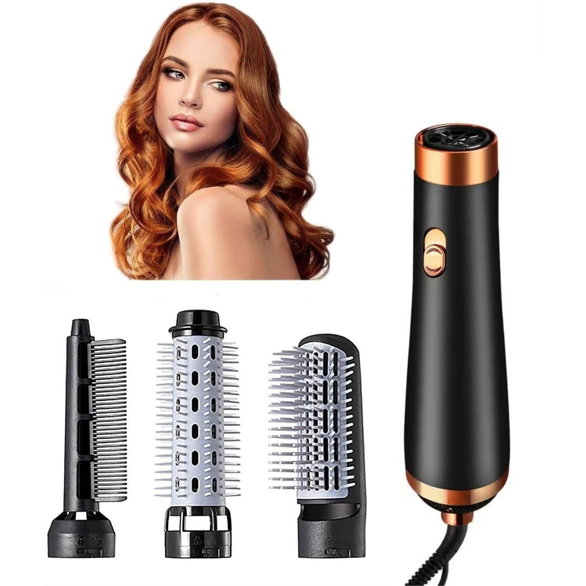 Frau mit rotem Haar, Haarpflegeset und Aufsätzen. Schwarzer und goldener Haarstyler und drei Bürstenköpfe auf weißem Hintergrund.