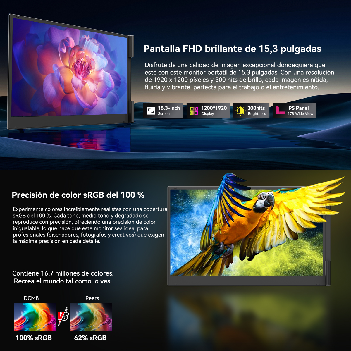 Un monitor muestra una imagen colorida de una flor. Un loro parece salir volando de un segundo monitor.