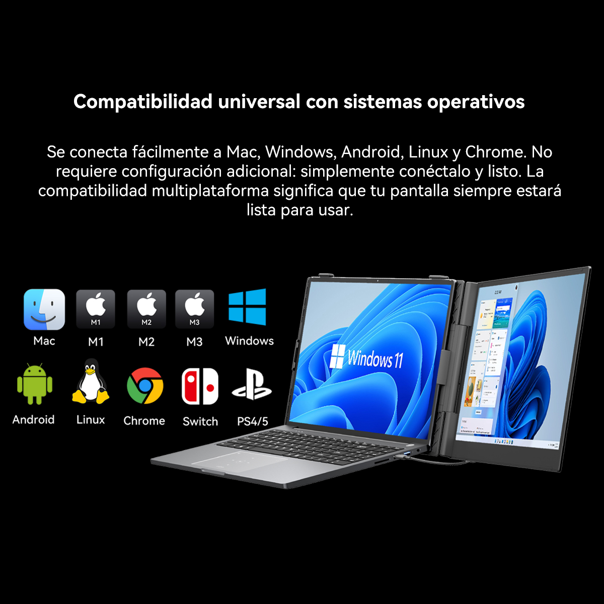 Un portátil con dos pantallas muestra Windows 11. Hay iconos de Mac, Windows, Android, Linux, Chrome, Switch y PS4/5.