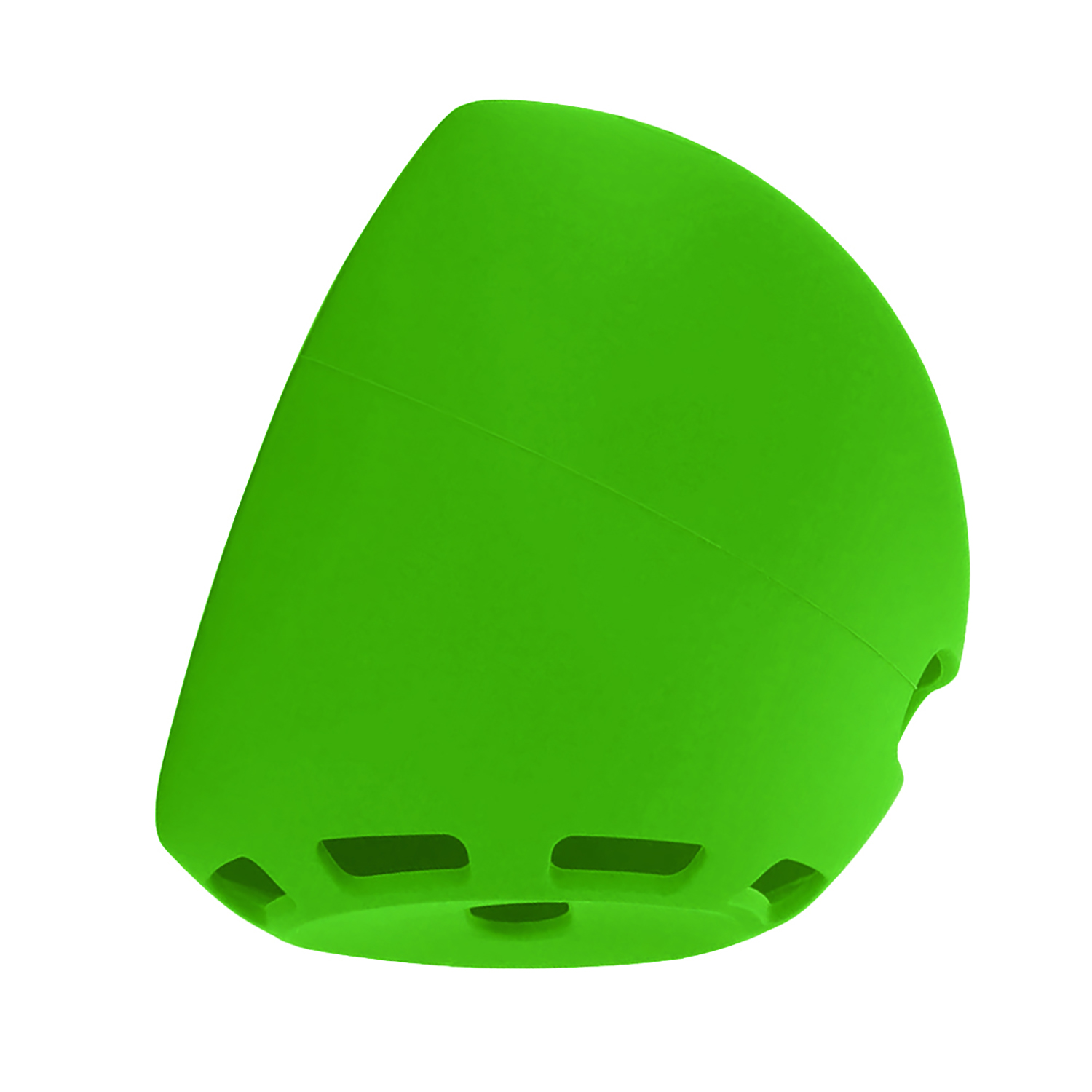 Un oggetto verde brillante e curvo con una serie di ritagli rettangolari vicino alla base. Lo sfondo è bianco puro.