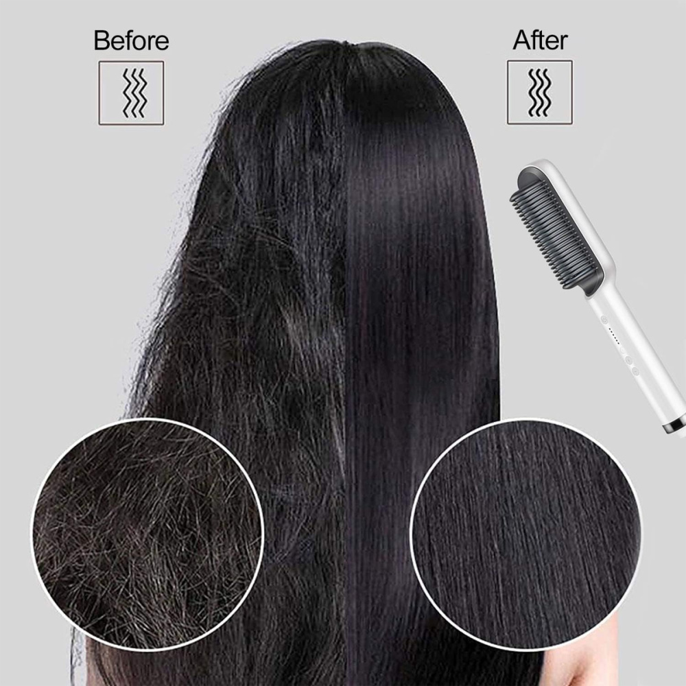 Das Bild zeigt Vorher-Nachher-Haarglättung. Vorher ist kraus, nachher glatt. Ein Haarglätter befindet sich rechts.