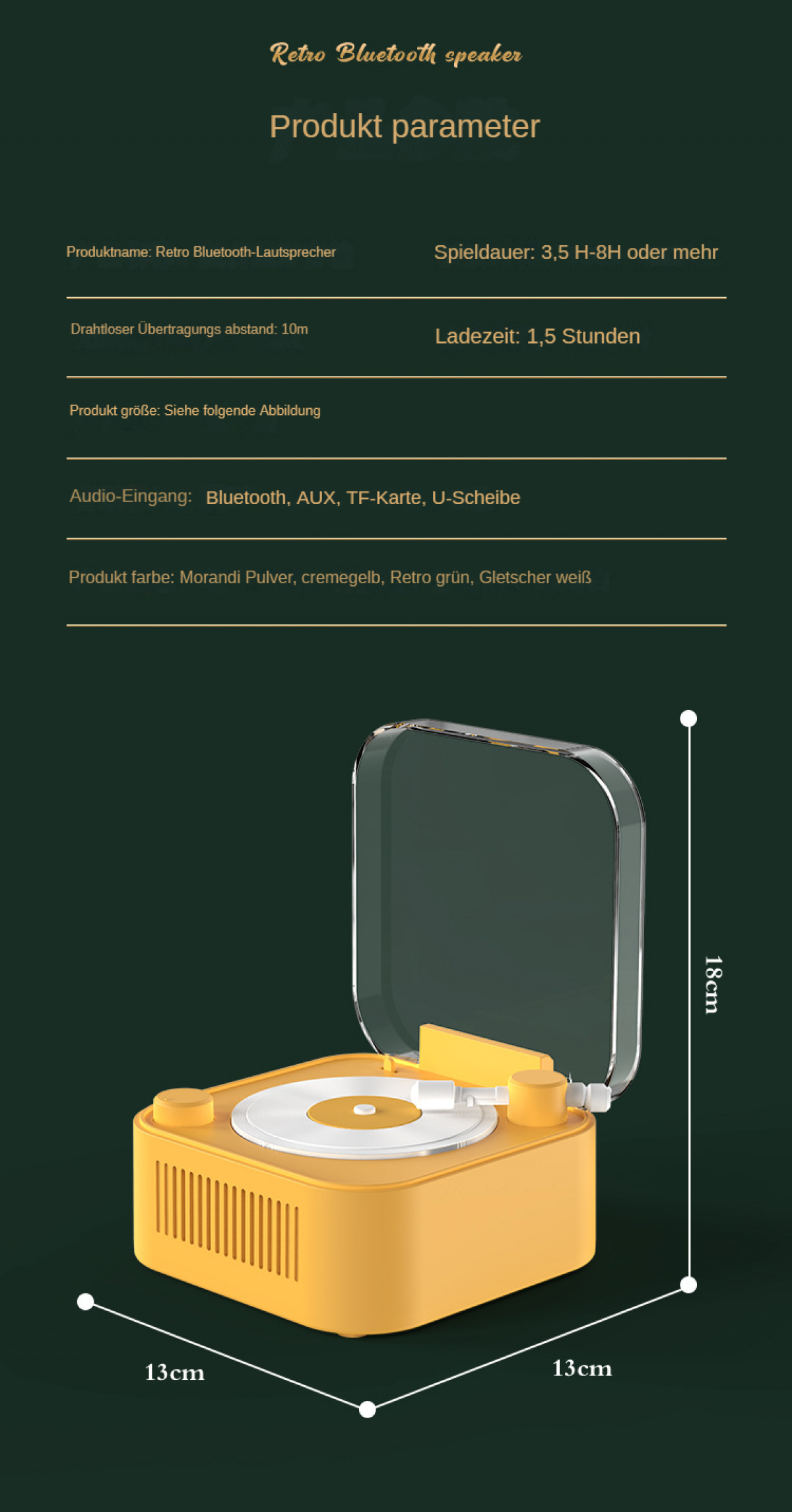 Gelber Retro-Bluetooth-Lautsprecher. Er hat eine transparente Abdeckung und eine weiße Scheibe. Maße: 13x13x18cm. Text enthält Produktinfos.
