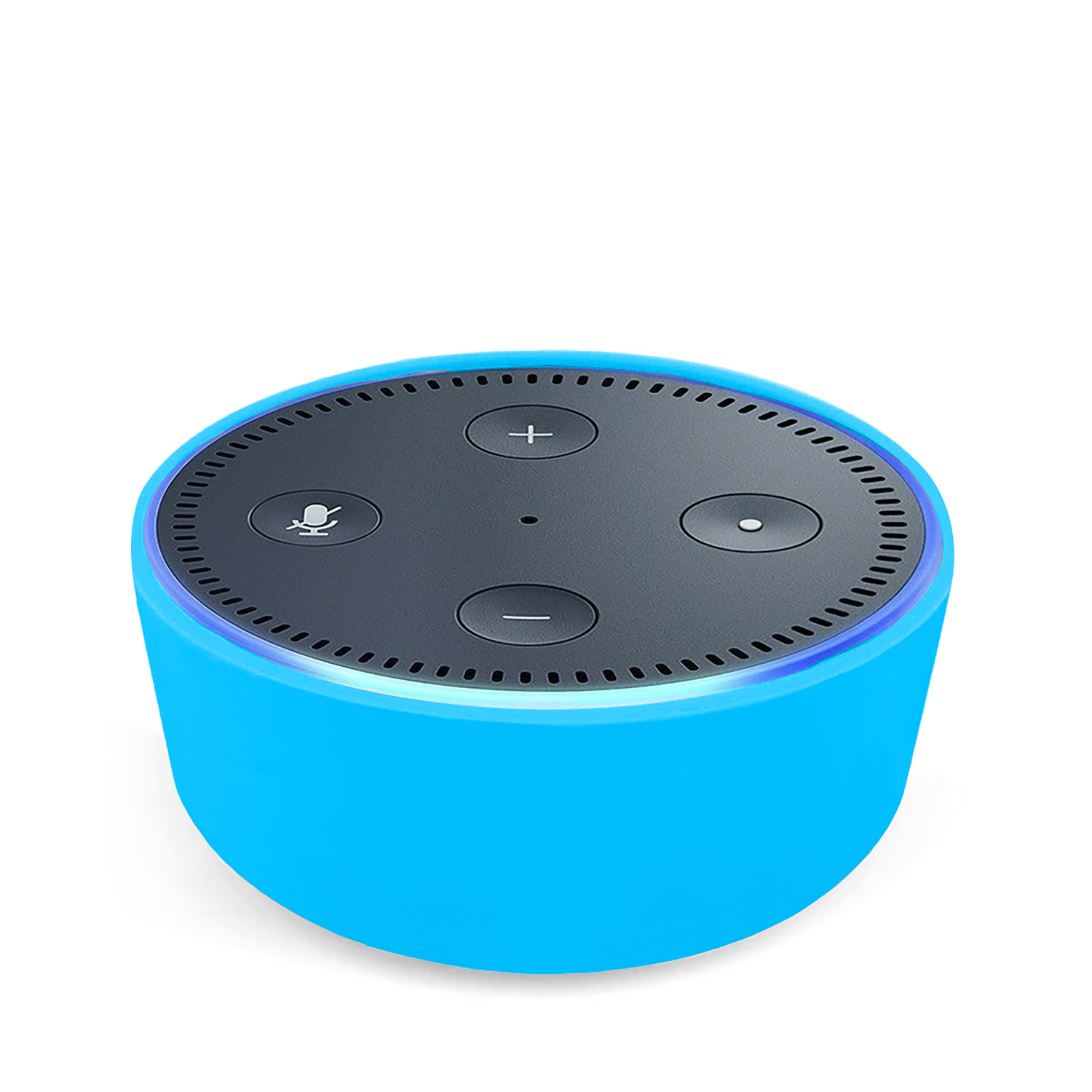 Un altoparlante intelligente blu con la parte superiore nera. Ha pulsanti per il volume, un microfono e un cerchio. Lo sfondo è bianco.