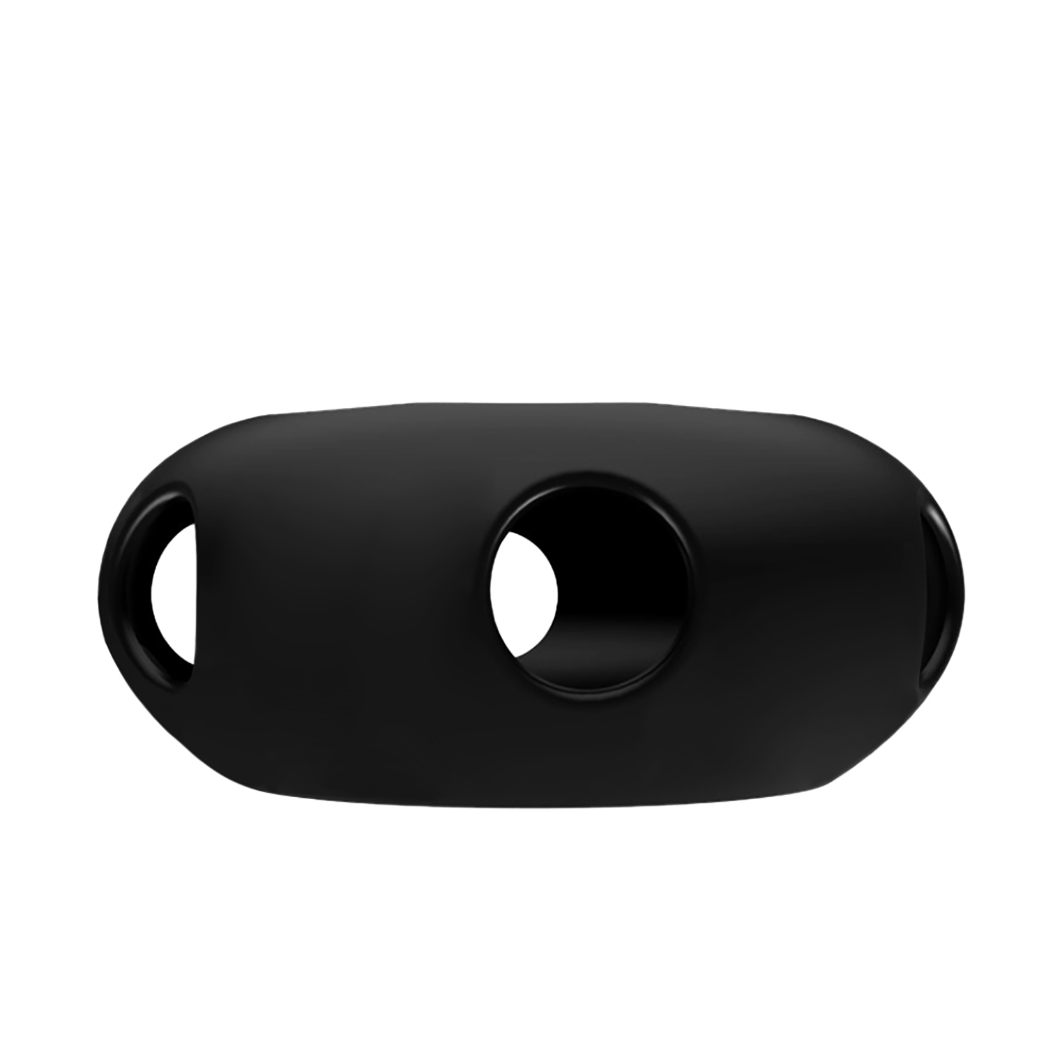 Ein schwarzes, oval geformtes Objekt mit drei Löchern. Zwei kleine Löcher an den Seiten und ein größeres in der Mitte.