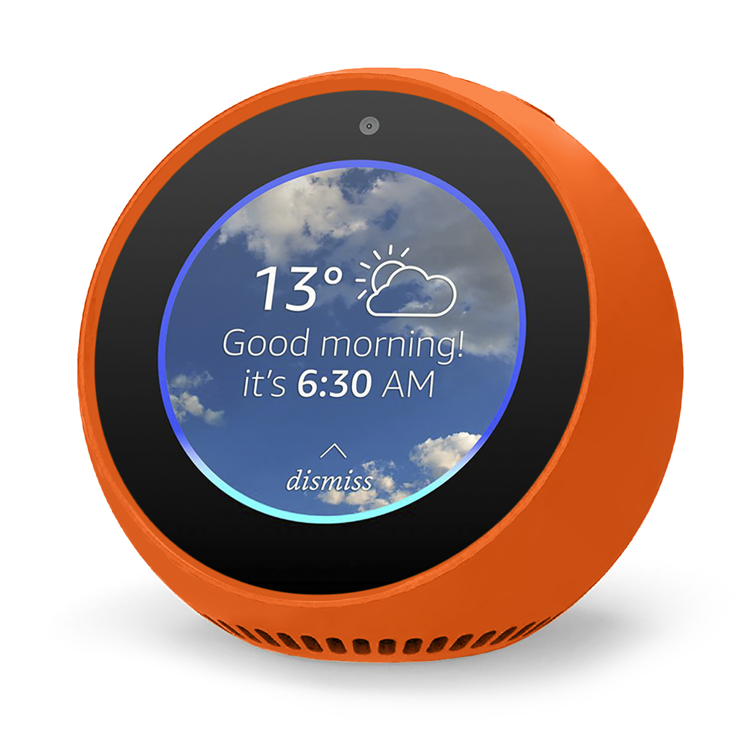 Un dispositivo smart arancione e circolare mostra il meteo: 13 gradi, nuvoloso. Dice: 'Buongiorno! Sono le 6:30.' È presente un pulsante di rifiuto.