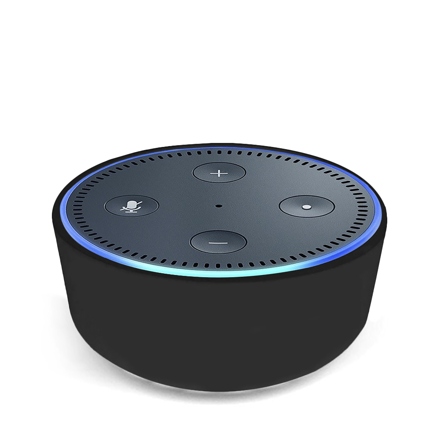 Un dispositivo Amazon Echo Dot nero con pulsanti superiori. La parte superiore presenta un microfono, più, meno e un pulsante circolare. Una luce blu circonda il bordo.