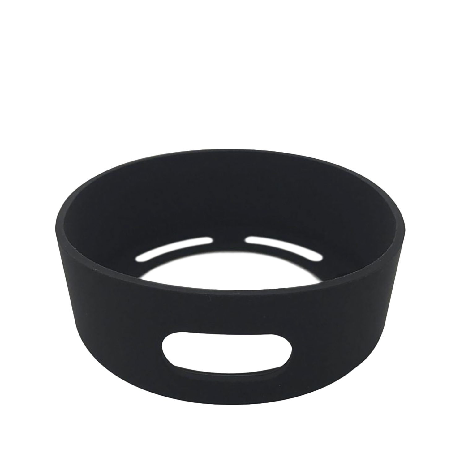 Un manicotto rotondo in silicone nero con due fori ovali sul lato e tre piccoli fori sulla parte superiore, isolato su sfondo bianco.