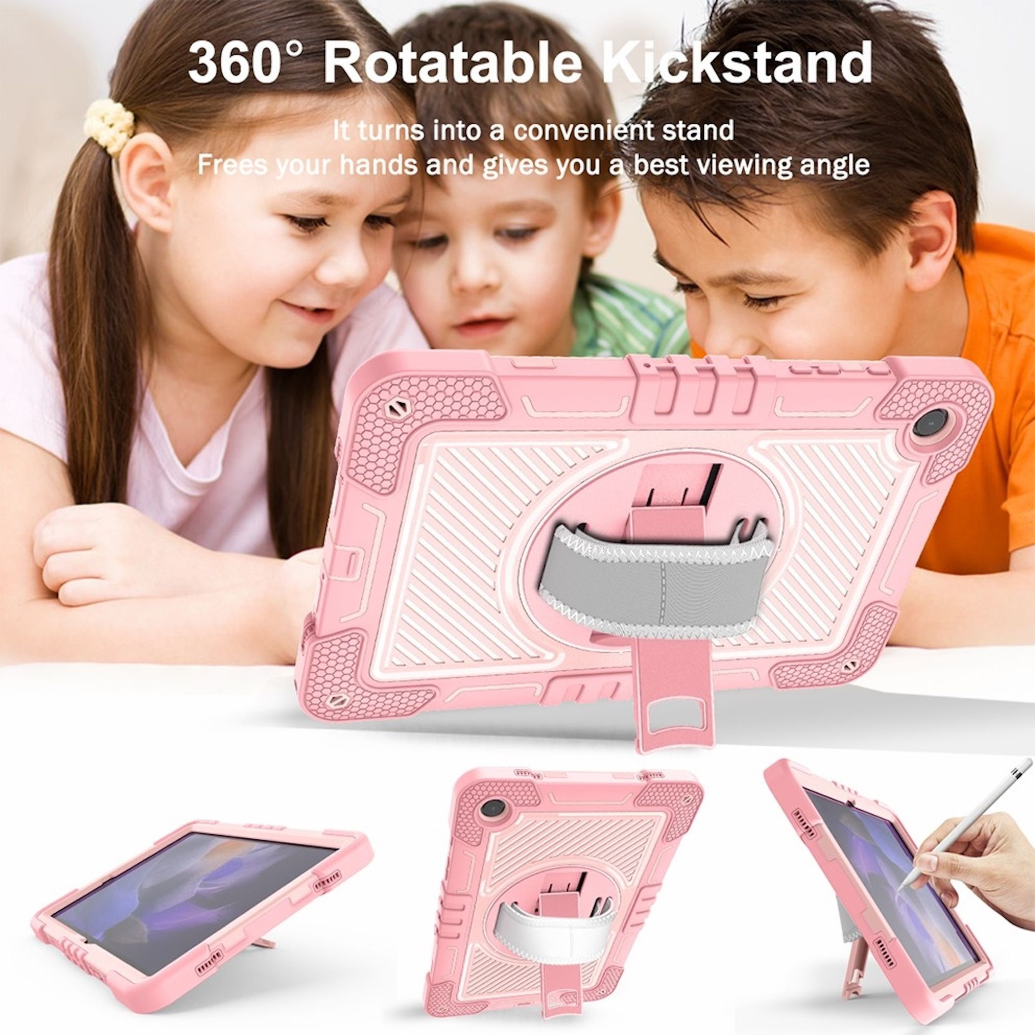 Tre bambini guardano un tablet rosa. Il tablet ha un supporto ed è in una custodia rosa. Il testo recita 'Supporto girevole a 360°'.