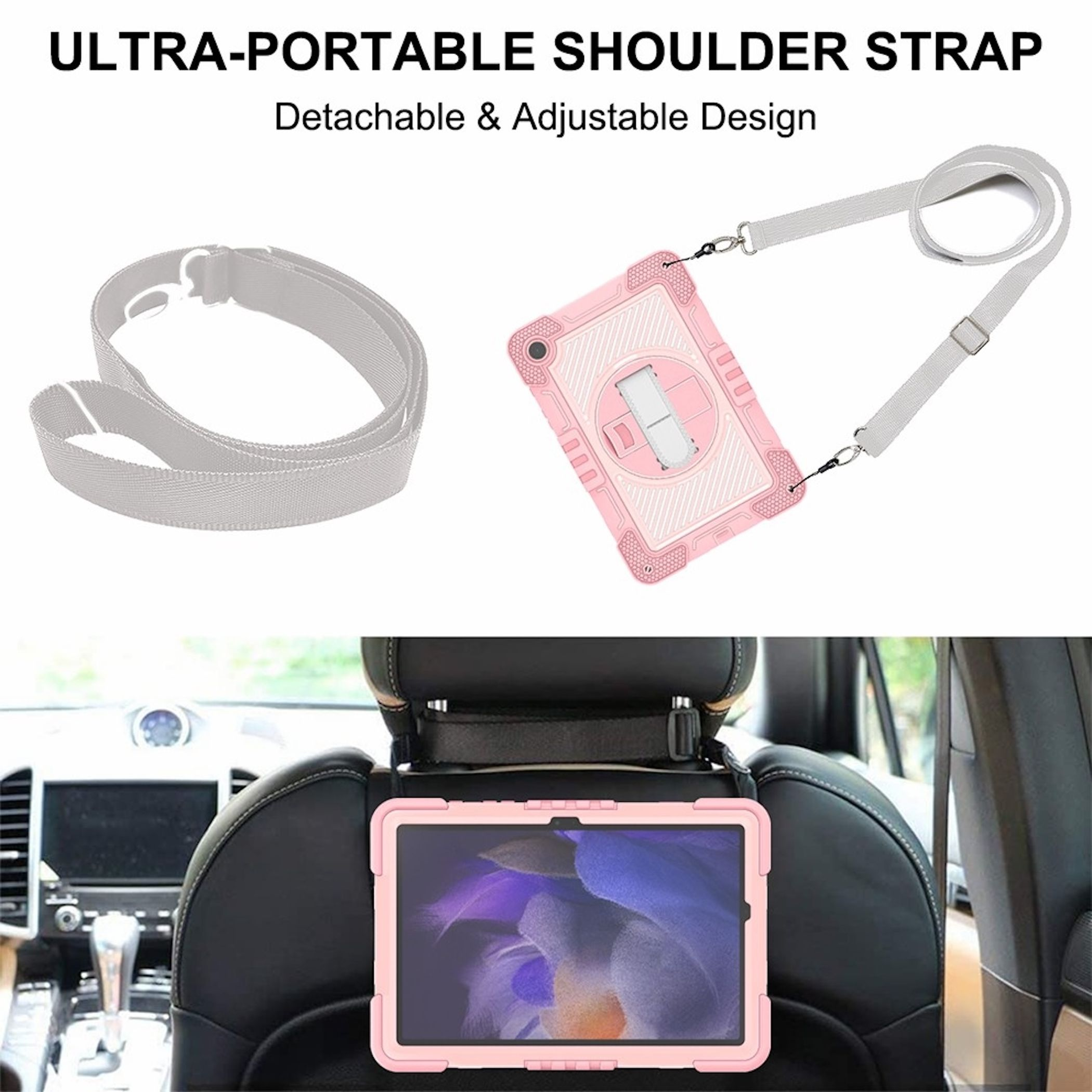Un tablet in una custodia rosa con una tracolla, attaccato a un sedile auto. Il cinturino è grigio.