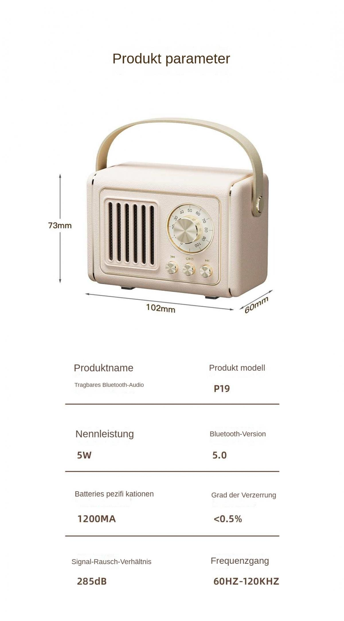 Ein beiges Radio im Retro-Stil mit Griff. Textdetails zu Produktparametern wie Modell, Leistung und Frequenz.