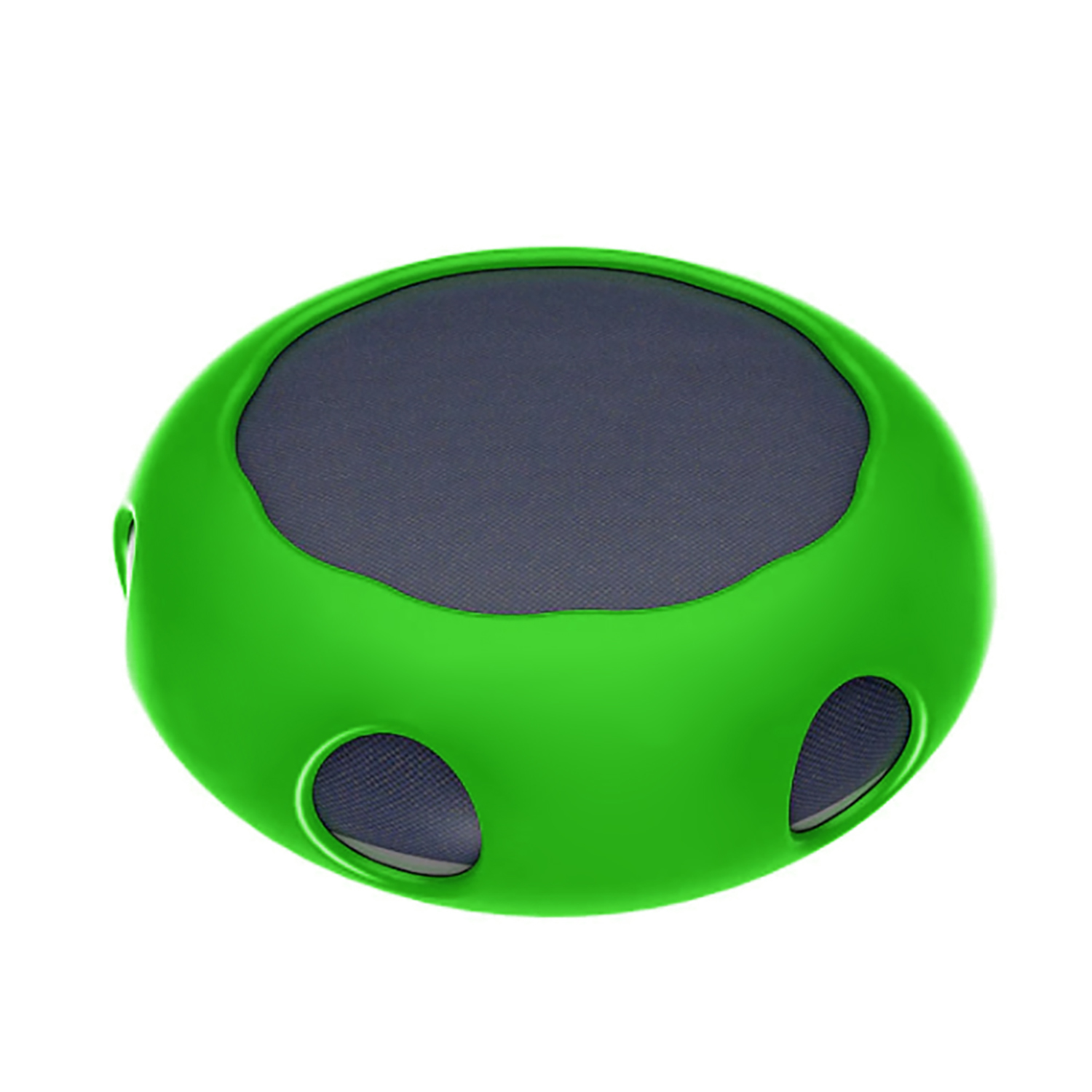 Un oggetto verde a forma ovale con un centro a rete grigio scuro. Ha tre fori ed è su sfondo bianco.