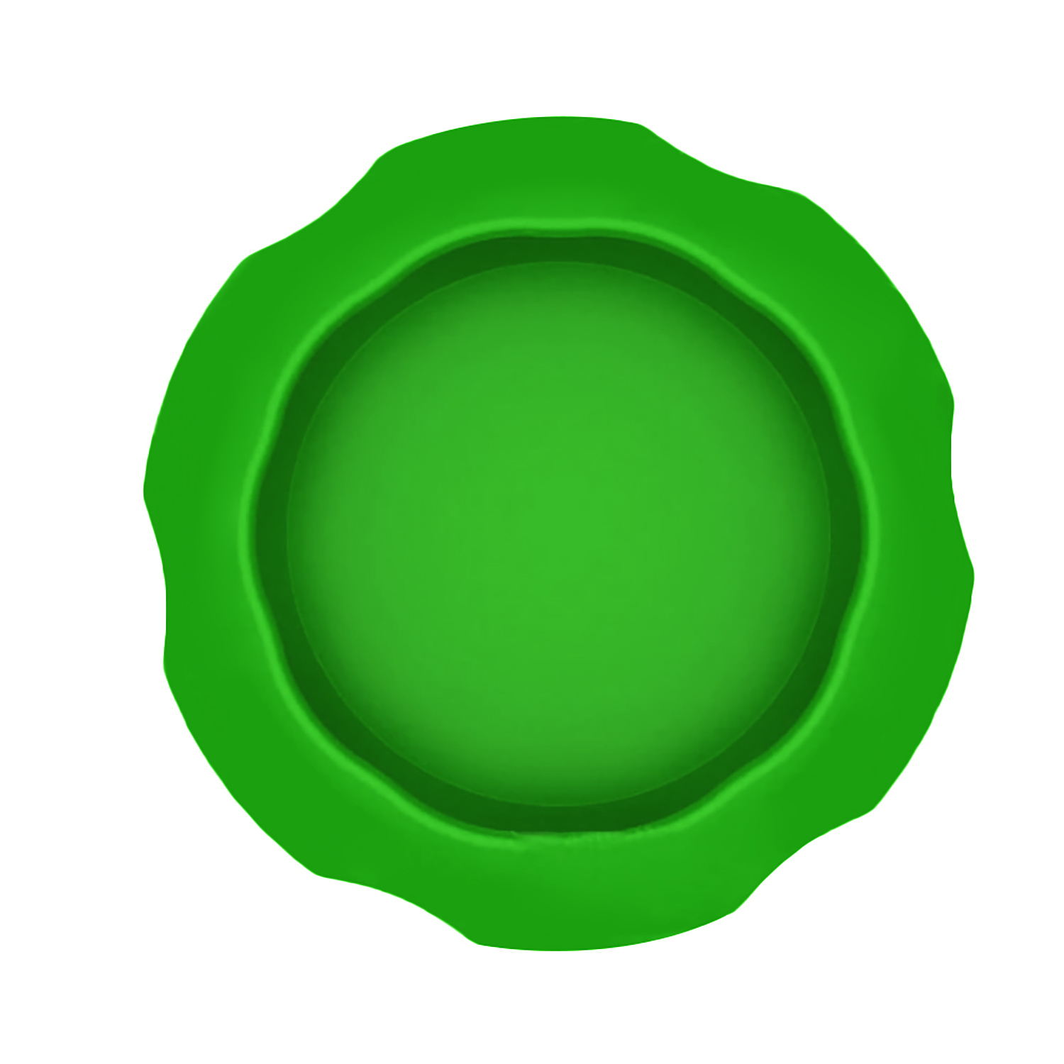 Un oggetto verde e rotondo con un bordo ondulato. L'oggetto ha una forma di ciotola poco profonda al centro. Lo sfondo è bianco.