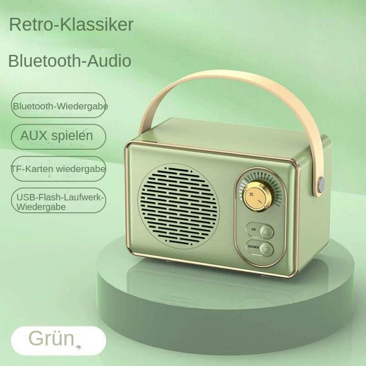 Ein grüner Retro-Lautsprecher mit Griff, beschriftet mit 'Retro-Klassiker Bluetooth-Audio'. Er hat Bedienelemente und ein Lautsprechergitter.