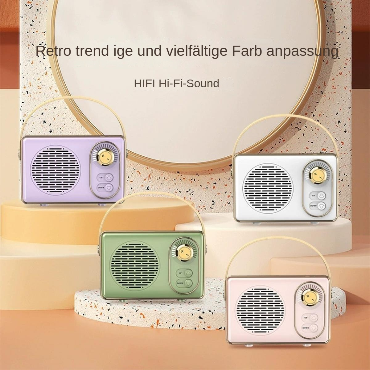 Vier Retro-Radios, verschiedene Farben, mit Knöpfen und Griffen. Text: Retro-Trend und HIFI Hi-Fi-Sound.