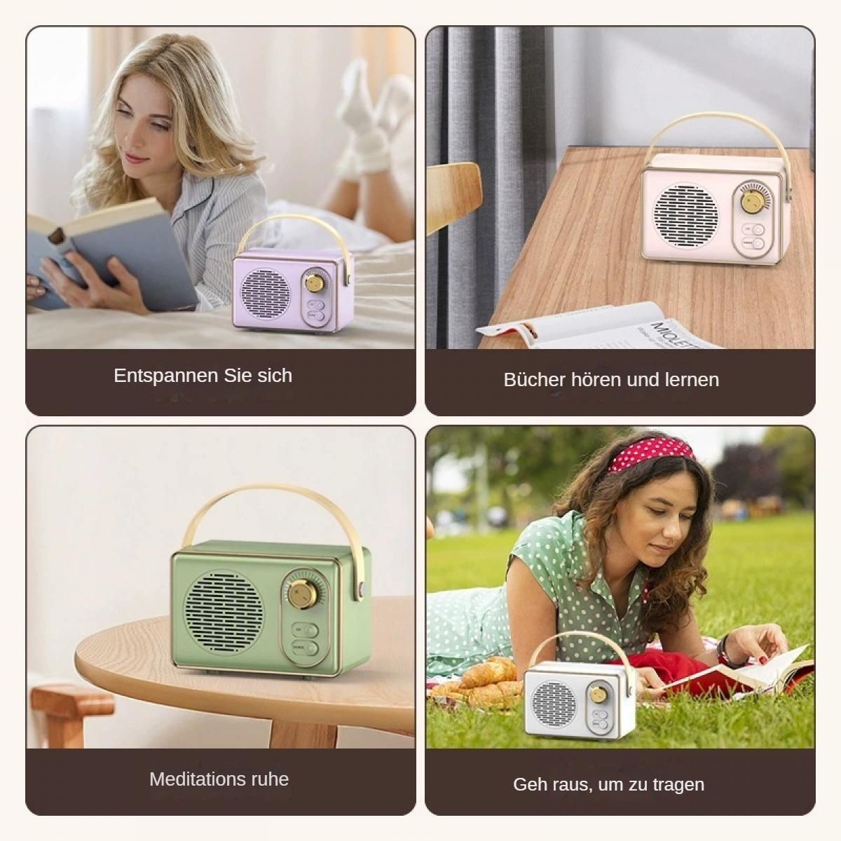 Vier Szenen zeigen ein Vintage-Radio. Szenen umfassen lesende Frau, auf einem Tisch und im Park, mit verschiedenen farbigen Radios.